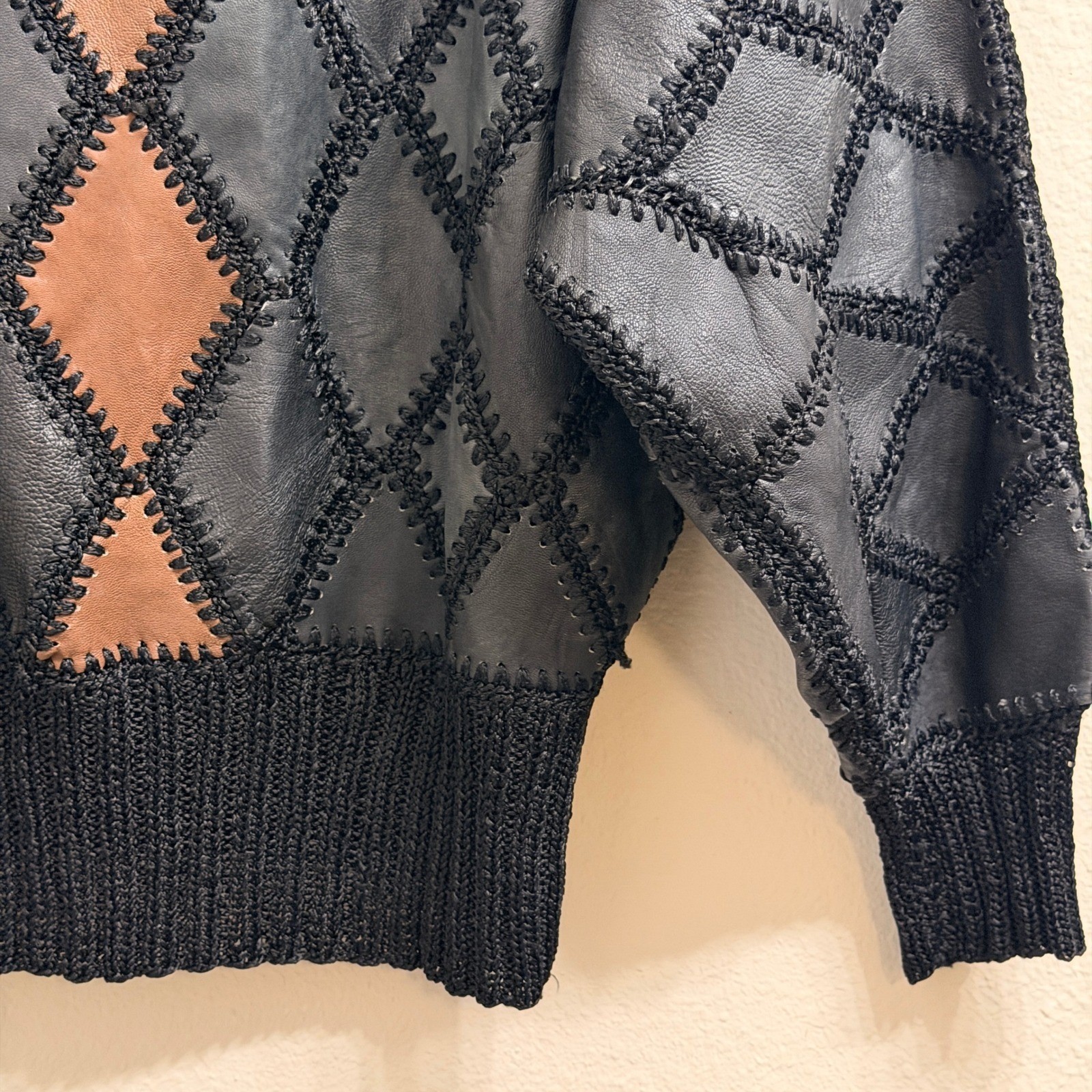 Vintage Leather Patchwork Sweater Diamond Knit Oversized Vintage Eclectic 80s