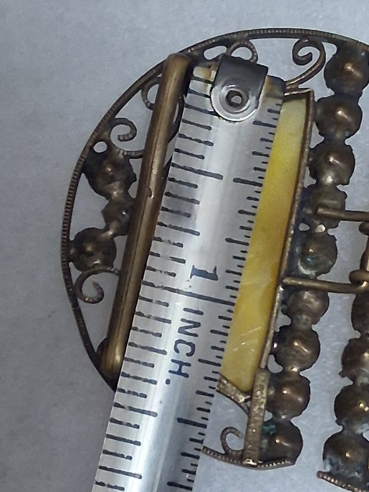 Antique Czechoslovakia belt buckle, yellow bohemian glass & crystals, filigree