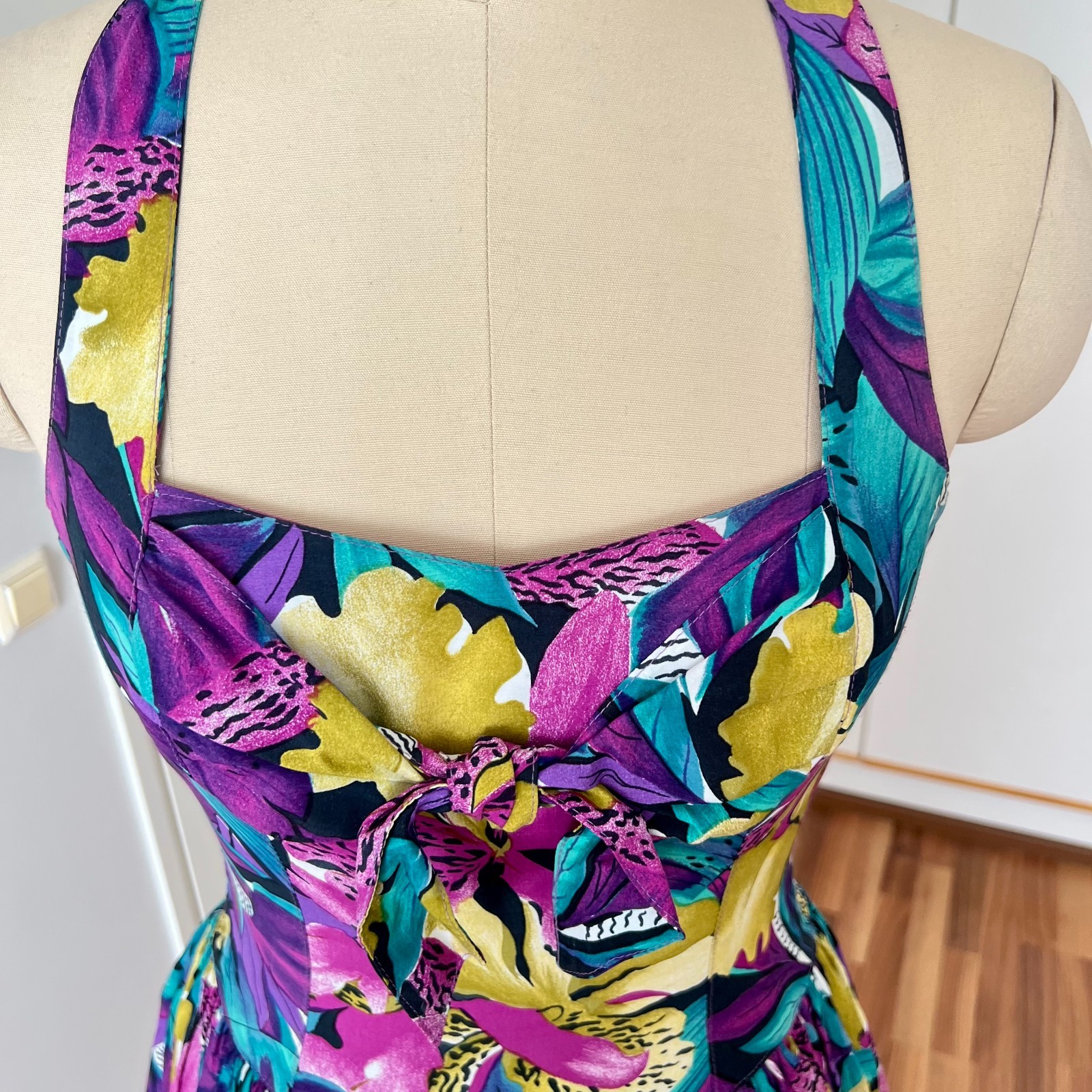 1980s West German Tropical Print Halter Neck Midi Dress Rockabilly 80s Does 50s