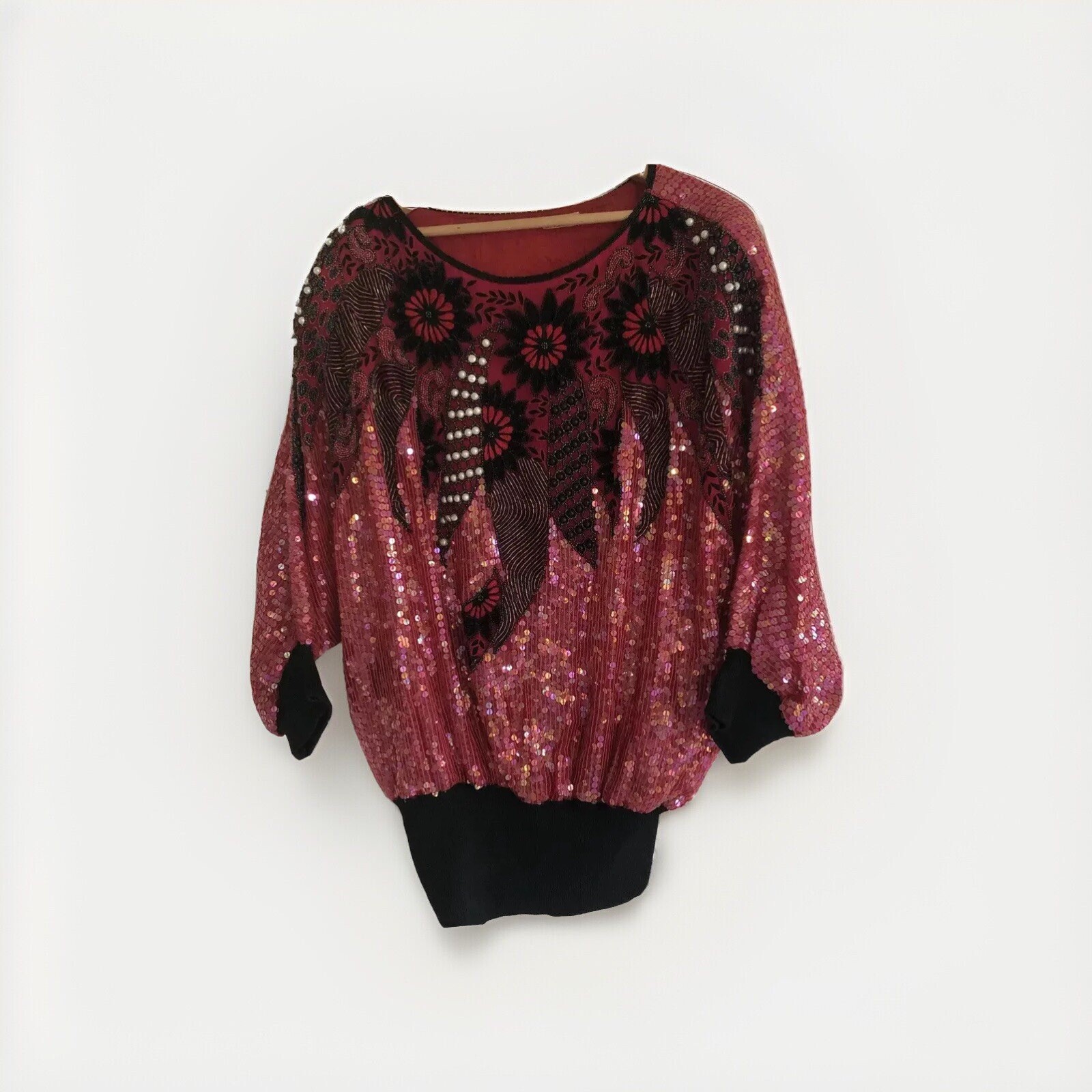 Creative Creations Women’s Top Sz L Vintage 100% Silk Beaded Sequined Holidays