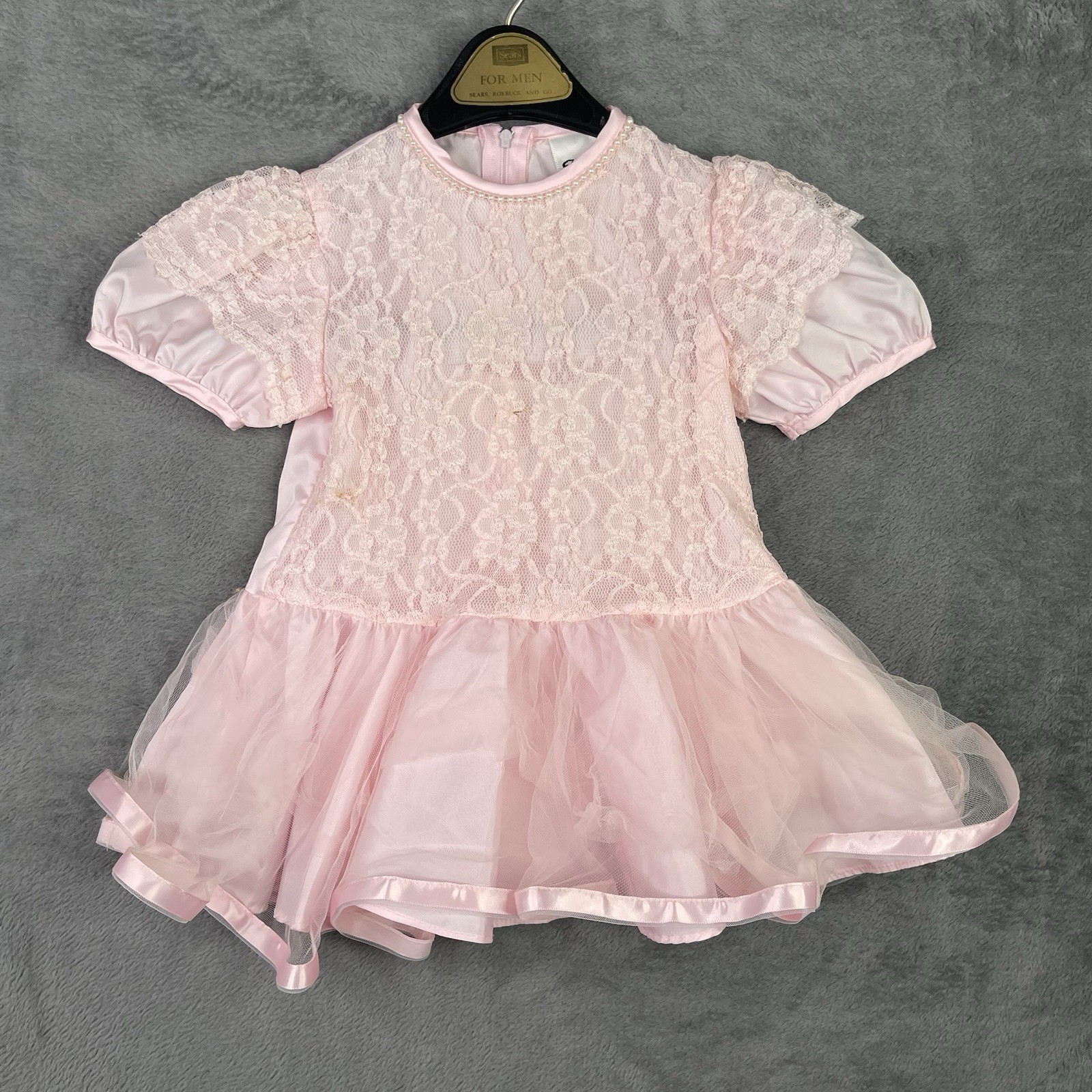 Vintage Baby Sheer Dress Girls 3T Pink Floral White Lace Bow Ribbon Party 70s