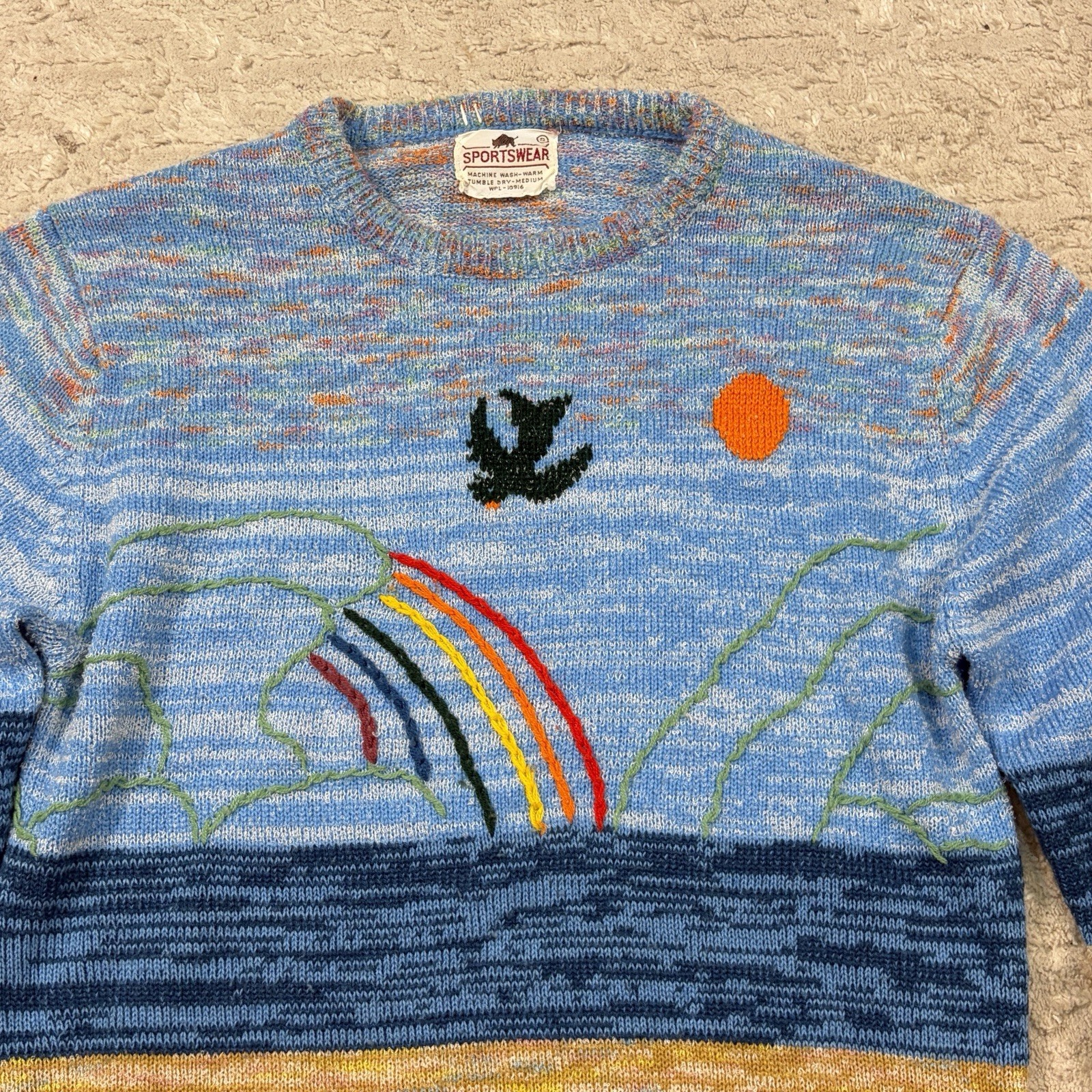 True Vtg 70s Landscape Rainbow Bird Seascape Knitted Embroidered Sweater Size S