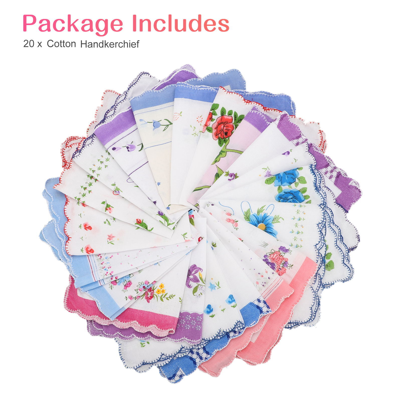20PCS Lady Handkerchiefs 100% Cotton Hankies Pocket Vintage Classic Handkerchief