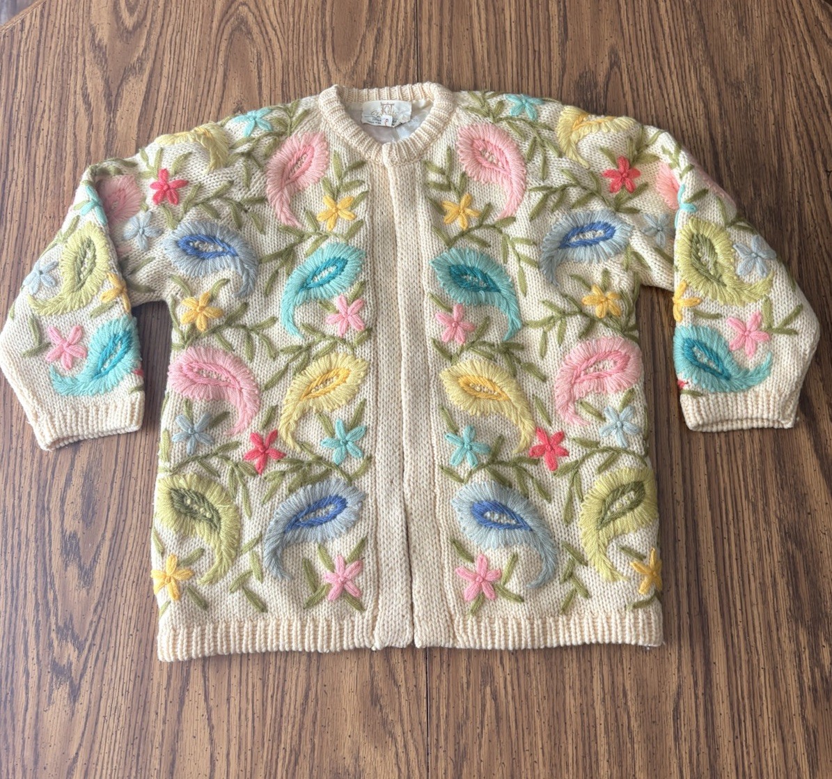 Cyn Les 100% Wool Knit Sweater Vintage 1950s 1960s All over Paisley Floral Sz M