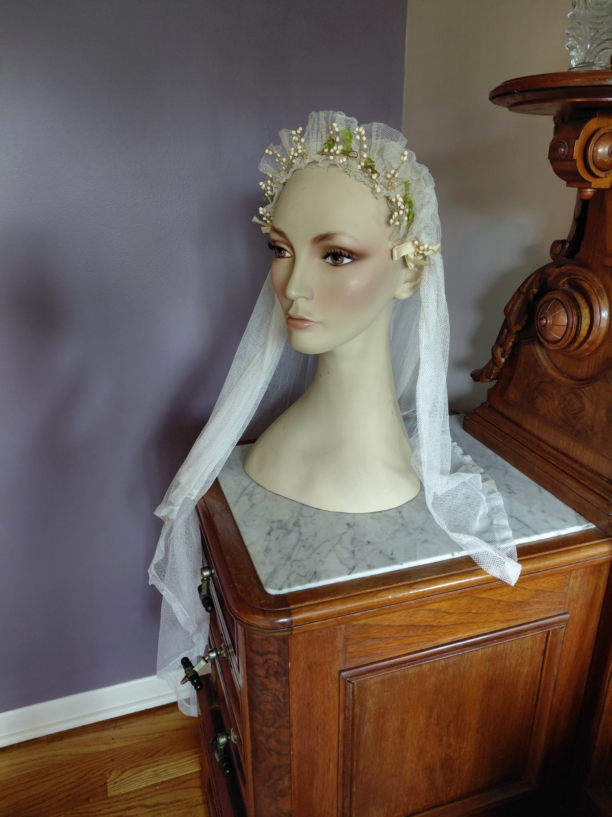 Antique Vintage 1920’s Wedding Bridal Veil Wax Orange Blossom Buds Peach Ribbons