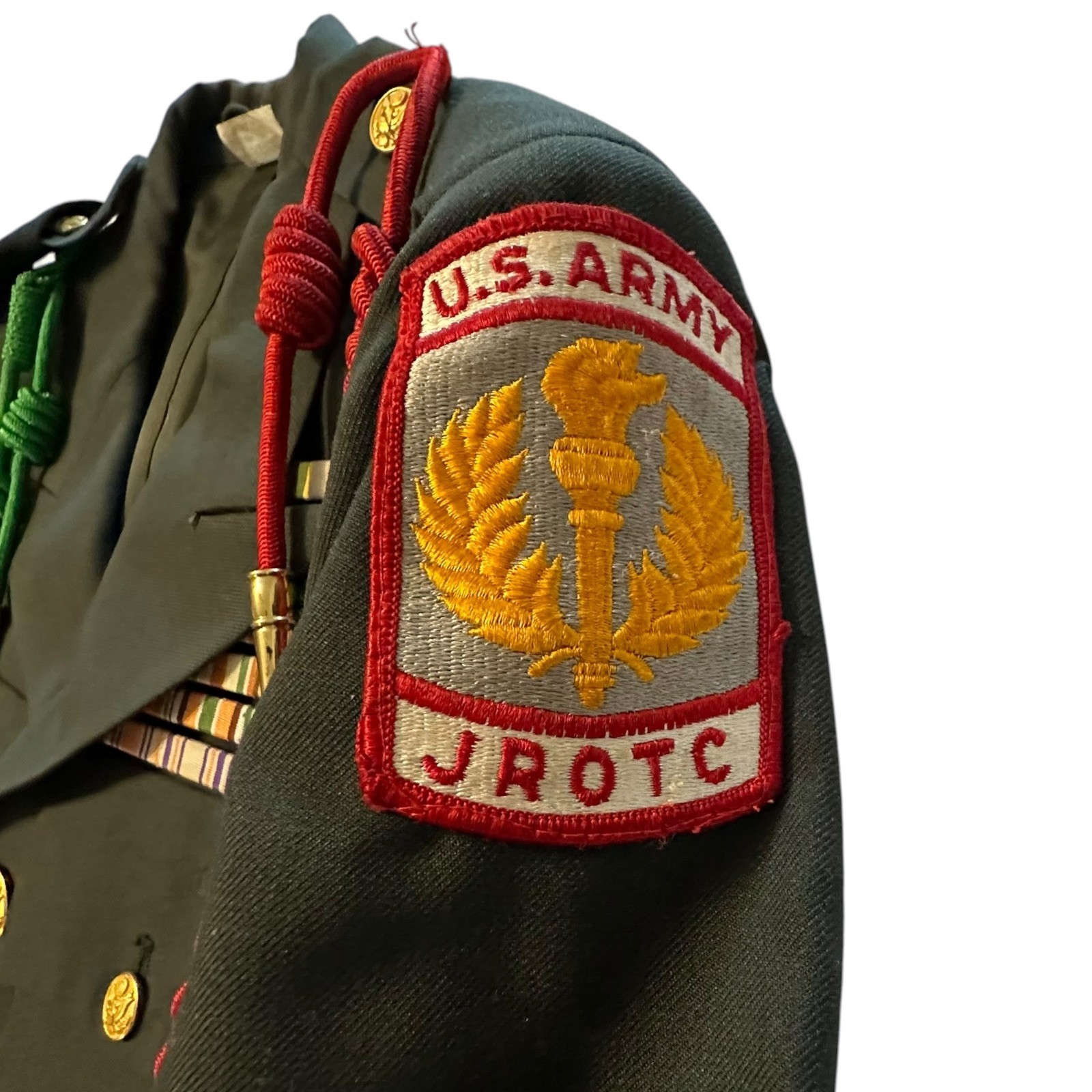 US Army JROTC Dress Uniform Coat Mens 35R Green Patches Cords Medals Insignia