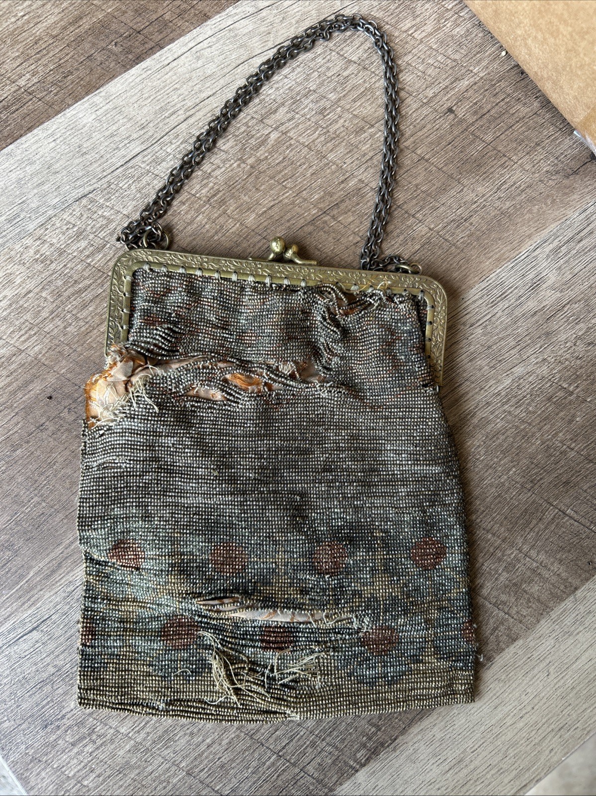 Beaded Vintage Purse With Chain Made in France – 7 ins. x 5 ins. Floral