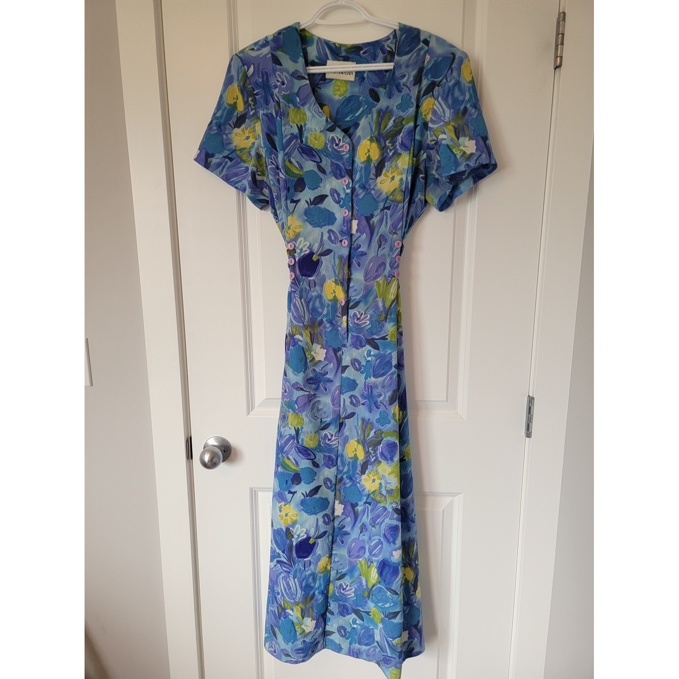 Vinatge Floral Button-Front Maxi Dress in Blue and Yellow