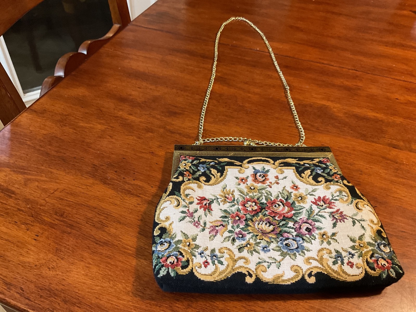 Floral Tapestry Frame Evening Bag Black Multi-Color Metal Chain Handle Clasp