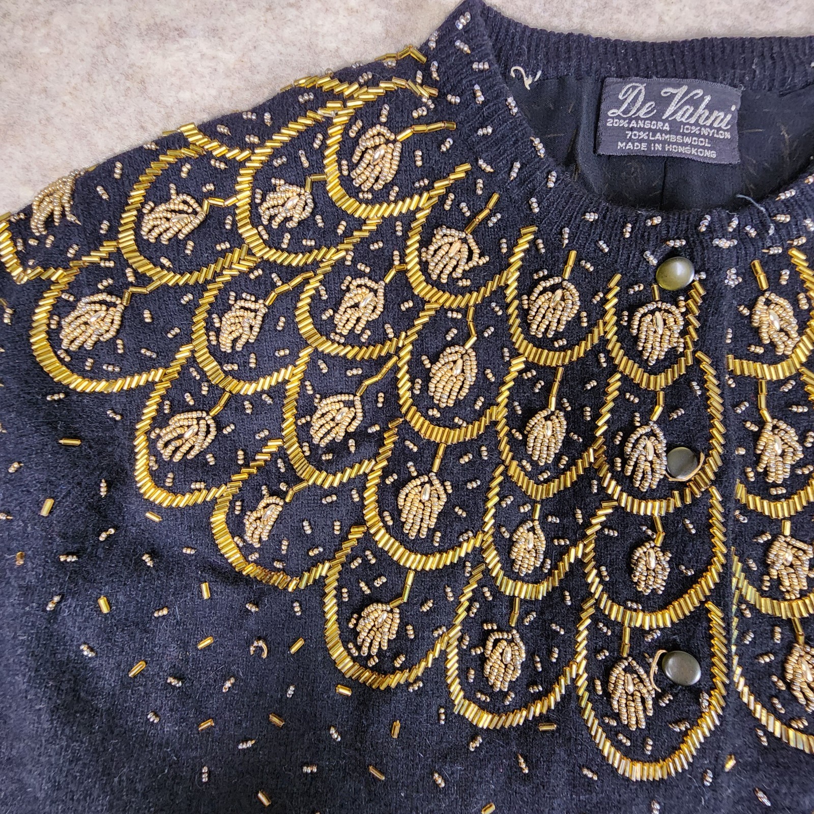 Vintage Lined Angora Blend Heavily Beaded Cardigan Black Cinched Waist Sweater