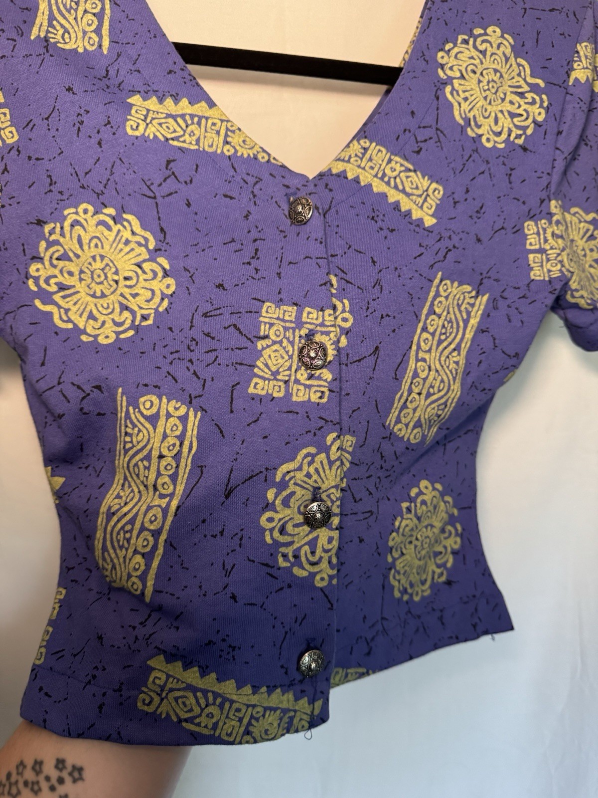 Vintage 90s IN2 Crop Top Womens Small Purple Green Batik Cotton V-Neck Made USA