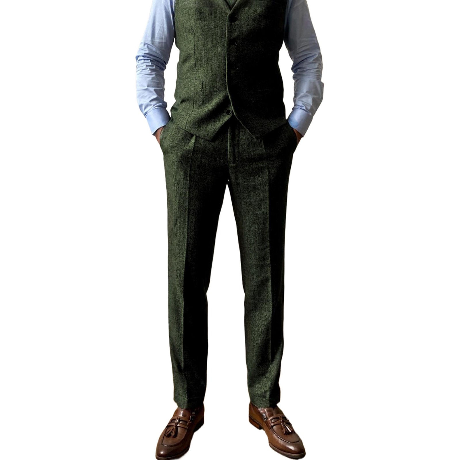 Vintage Retro Men’s Tweed Herringbone Wool Blend Dress Pants Adjustable Trousers