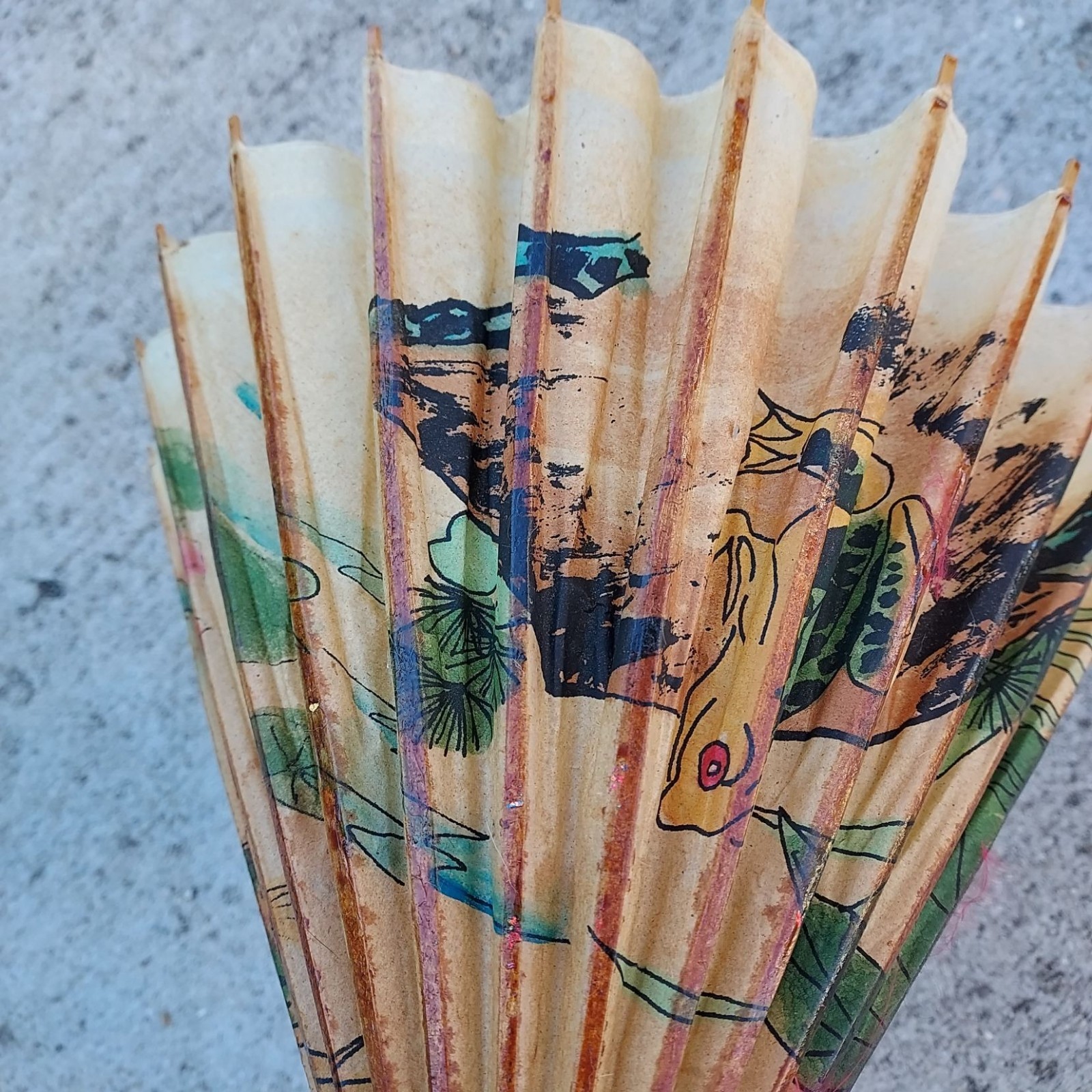 Vintage Hand-Painted Paper Parasol With Frog & Floral Design 16 inches across