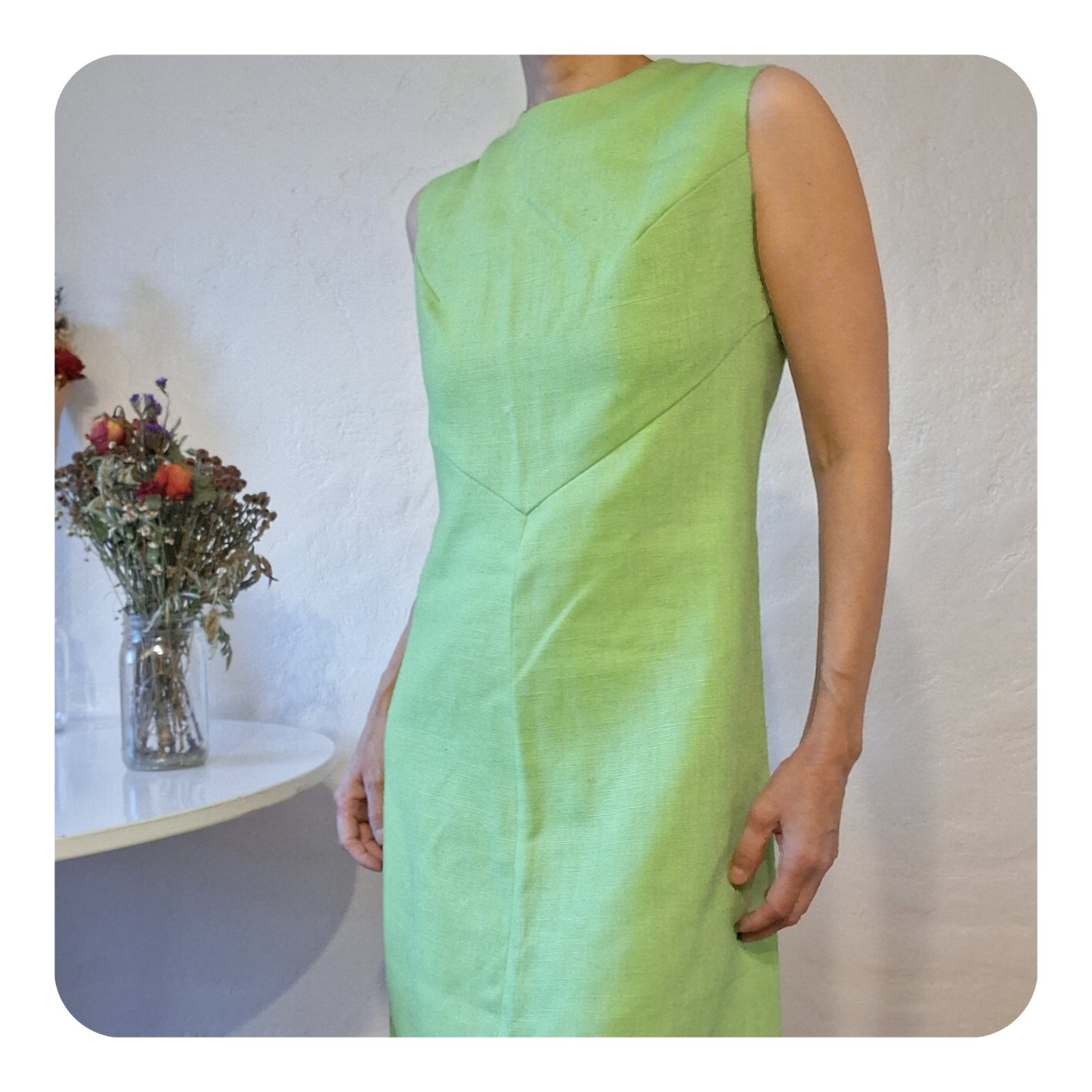VTG 1960s Mod Shift Dress Lime Green Cotton Sleeveless Chevron Seam Midi M