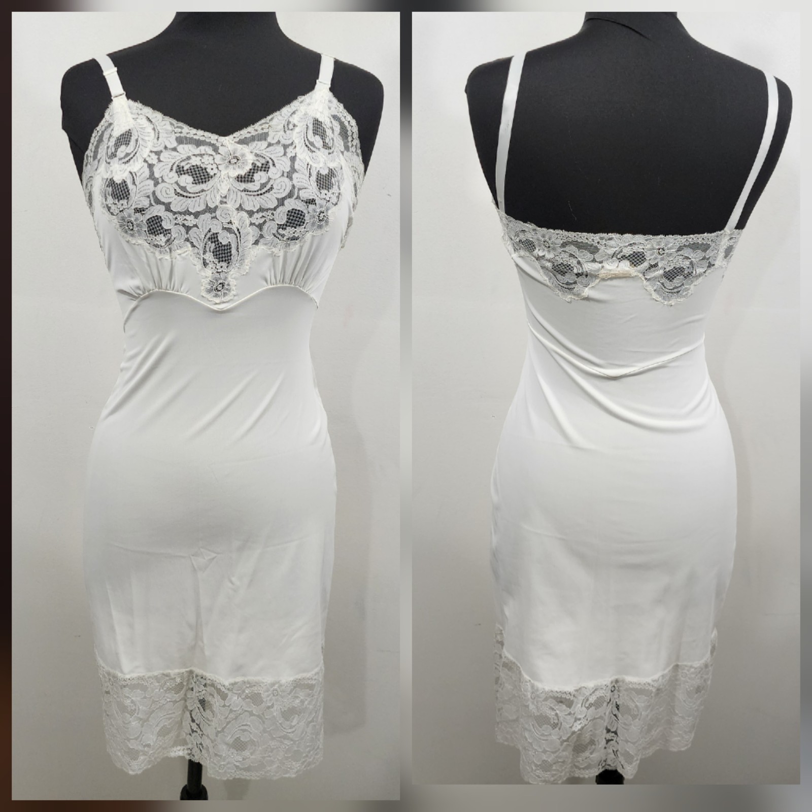 Vintage Saks Fifth Avenue Full Slip Dress Stretch Nylon White Lace Bodice Size S
