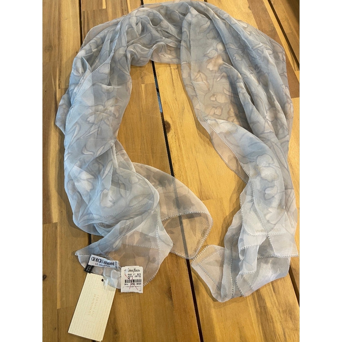 NWT Giorgio Armani Classic Vintage Grey Floral Embroidered Trim Silk Wrap Scarf