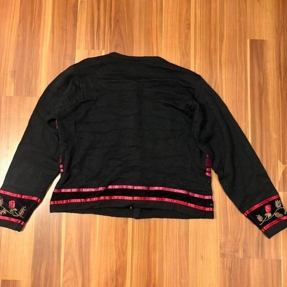 black and pink velvet floral knit cardigan with ribbon and floral embroidery