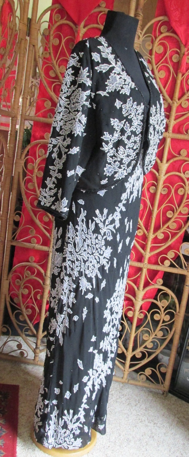 Vintage STENAY Black White Beaded Gown w/ Jacket Sheath Spaghetti Straps SZ 16