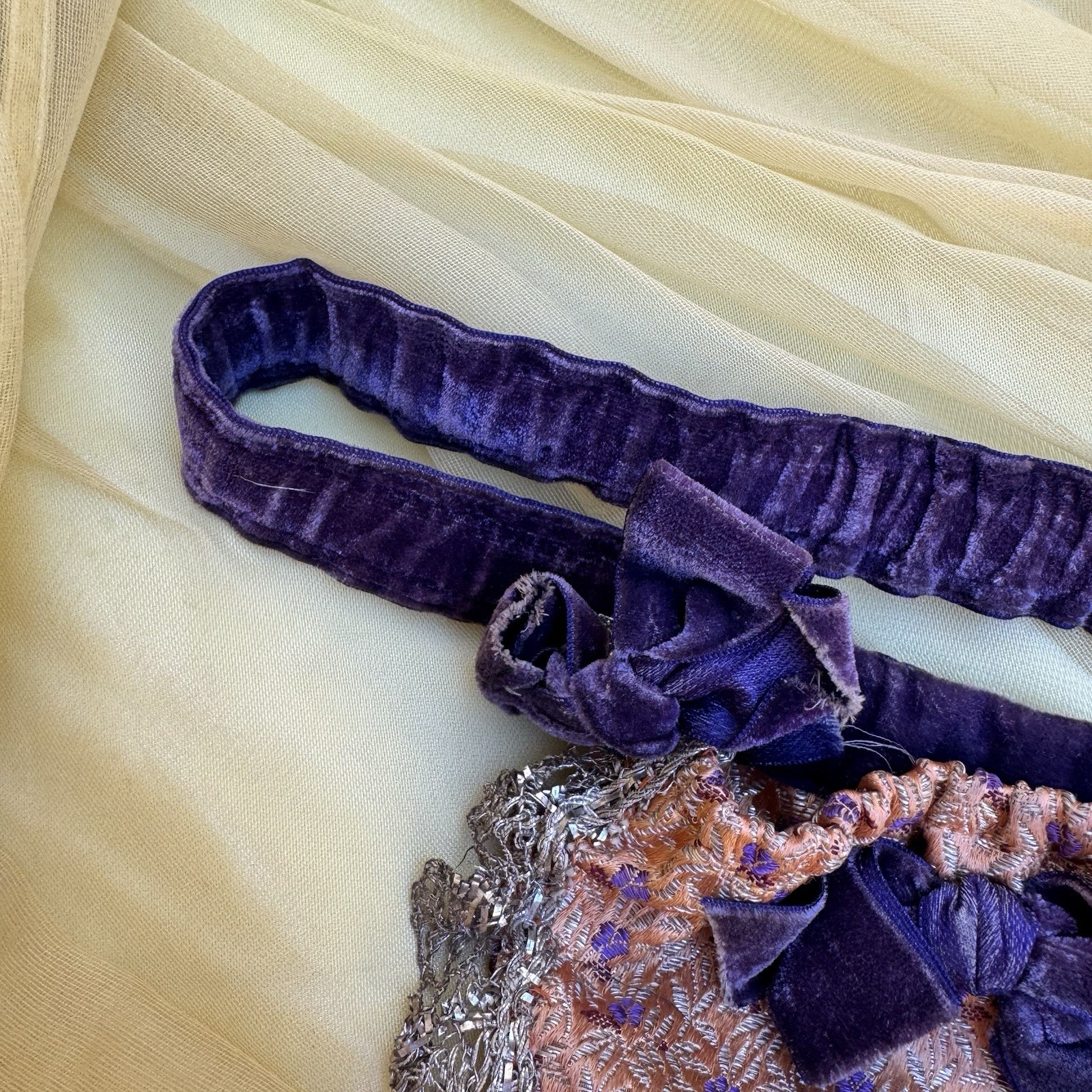 Antique 19th C Purple Lamé Garter Velvet Bow Orange Lingerie Secret Pouch VTG