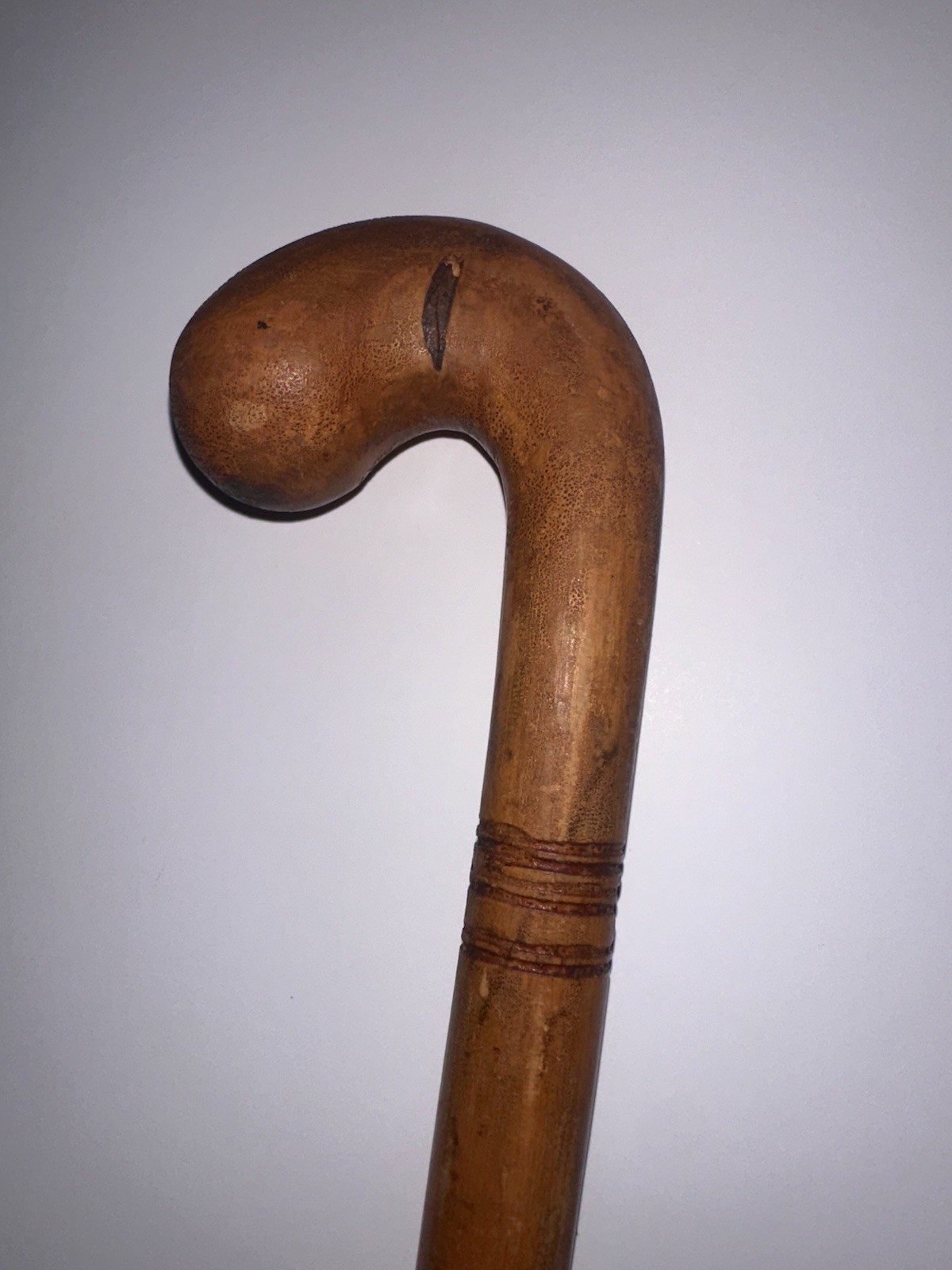 19th Century Beechnut wood Crook Walking Cane Carved Rings 40”