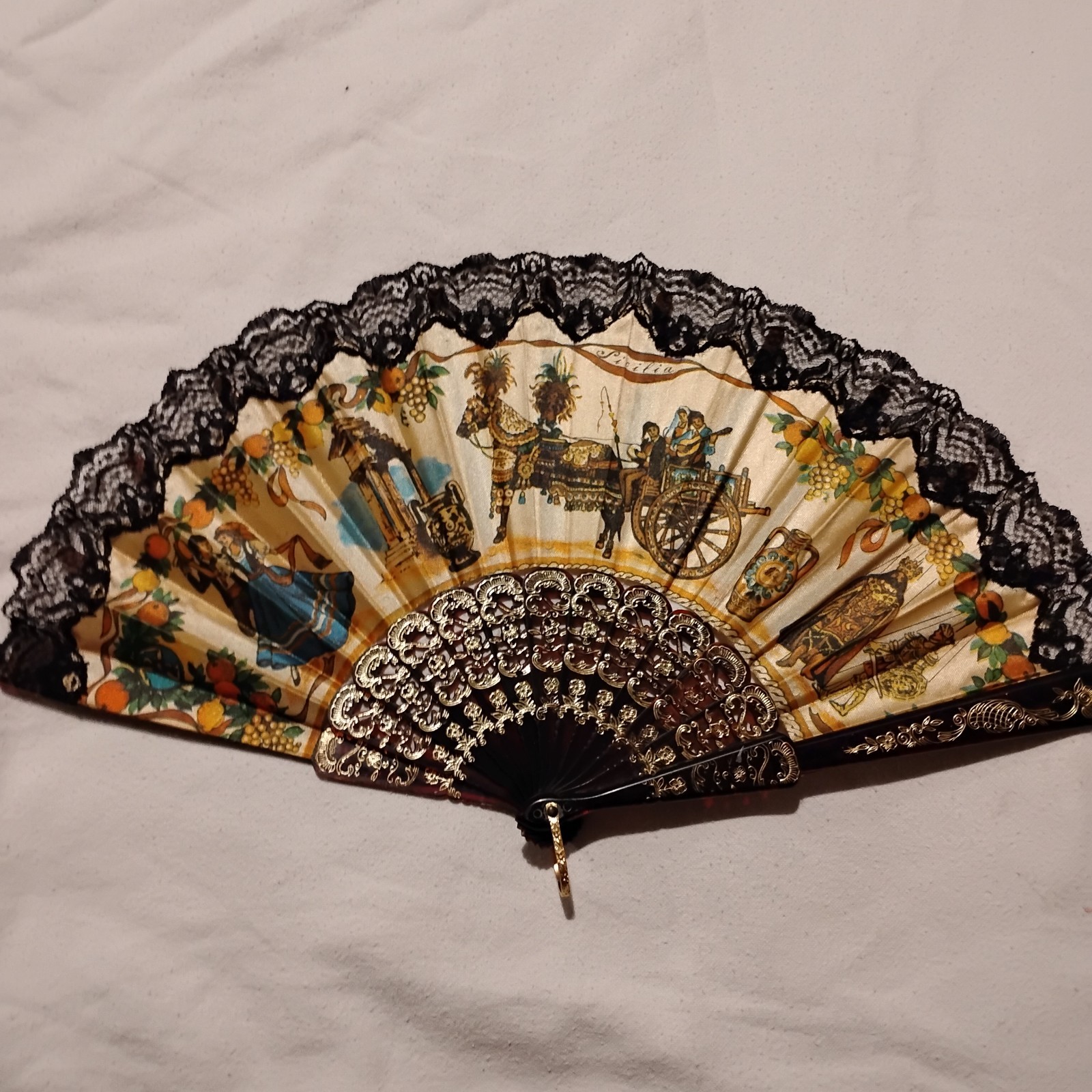 Decorative Foldable Fan 17 Inches Spanish Motif Gold And Black Party Lace
