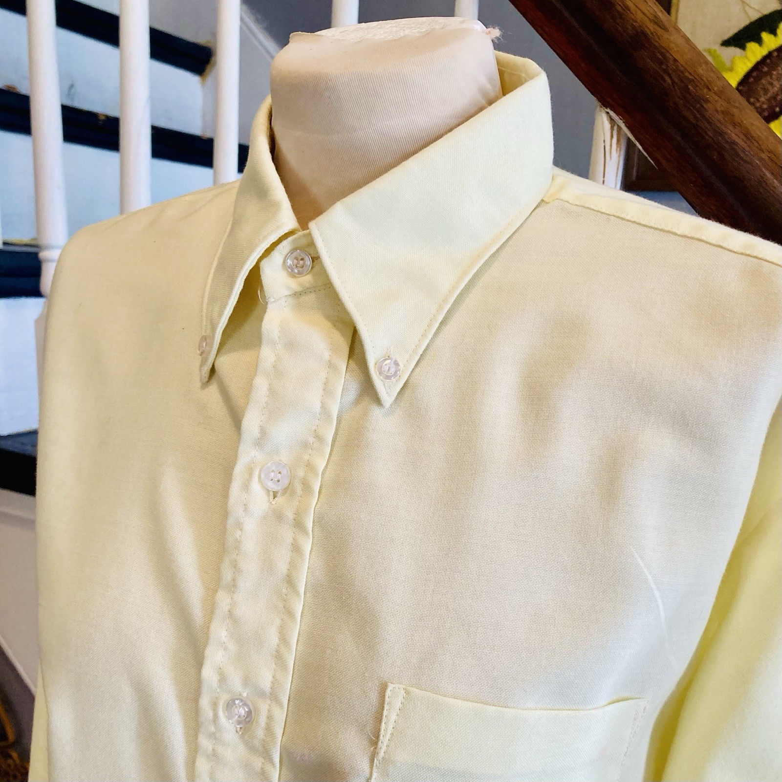 1960s Yellow Button Down Collar Dress Shirt Ivy League Hippie Disco Mod 1970s