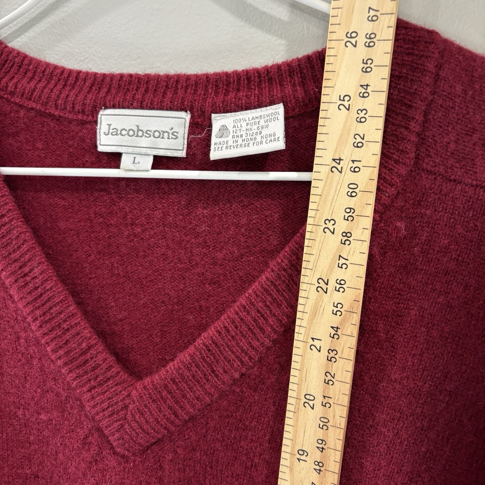 Vintage Jacobson’s 100% Lambswool L Sweater Knit Pullover V-Neck Dark Red Preppy