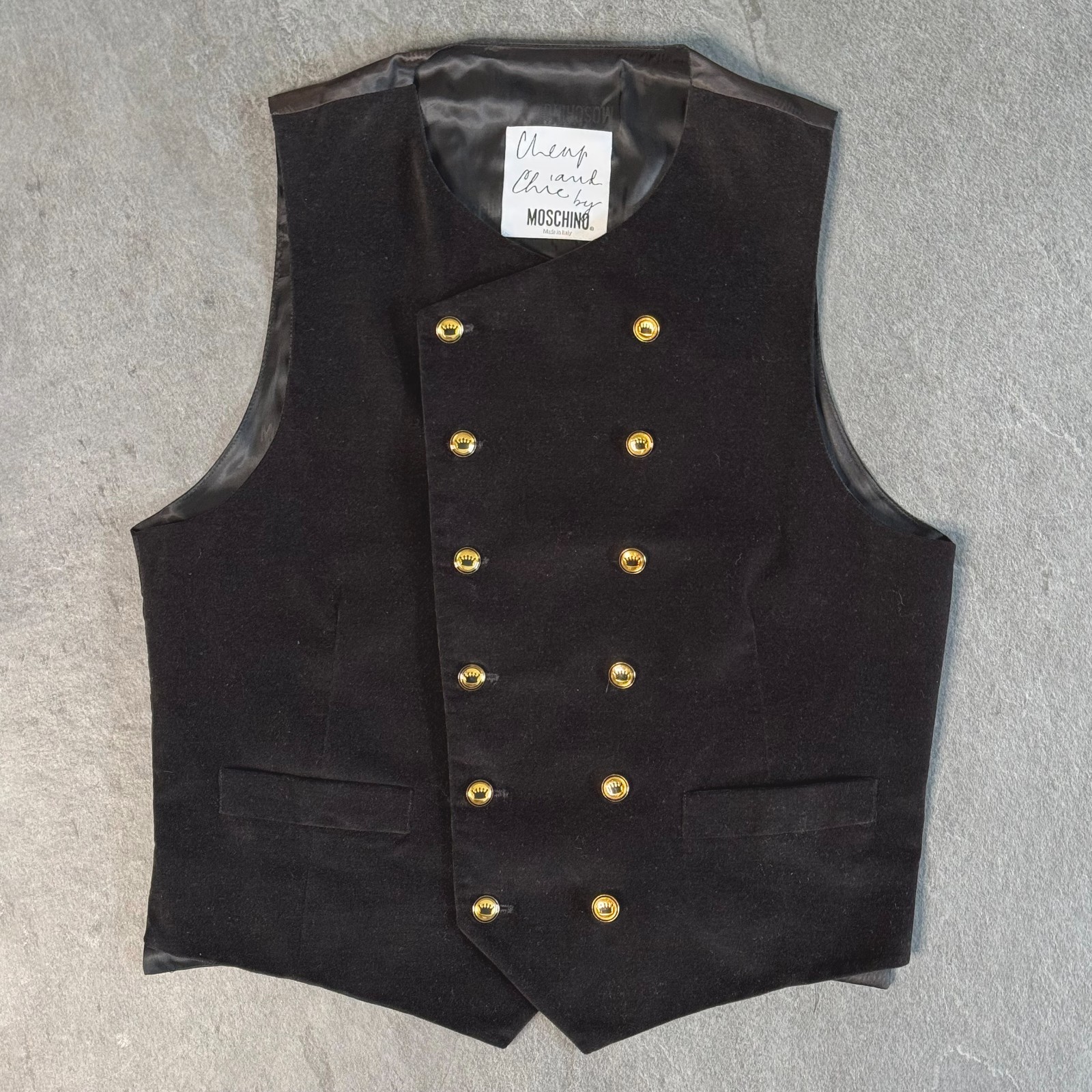 MOSCHINO CHEAP and CHIC velvet double-breasted vest w/ crown buttons size 50