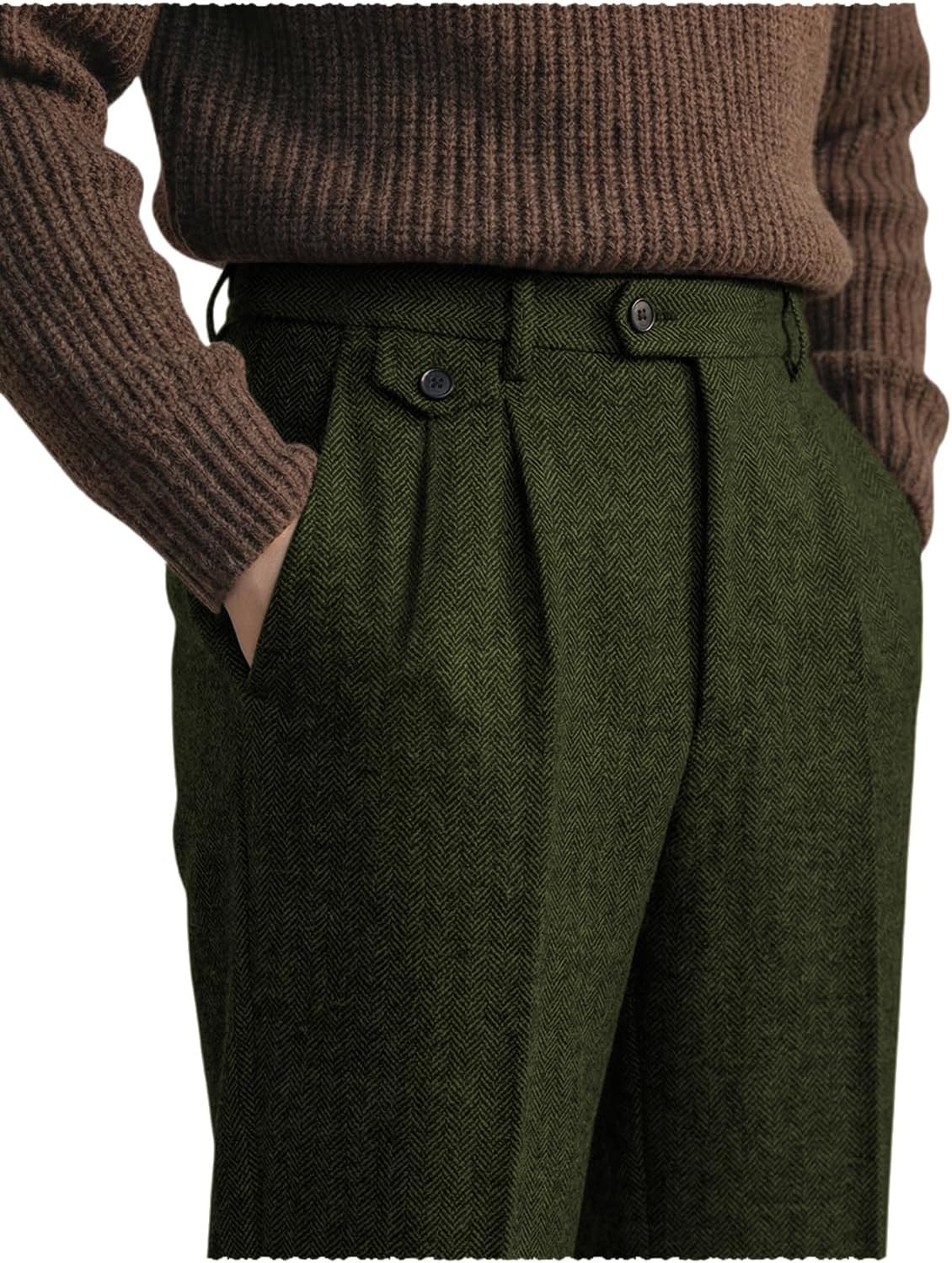 Men’s Herringbone Dress Pants Pleated Straight Leg Trousers for Business Wedding