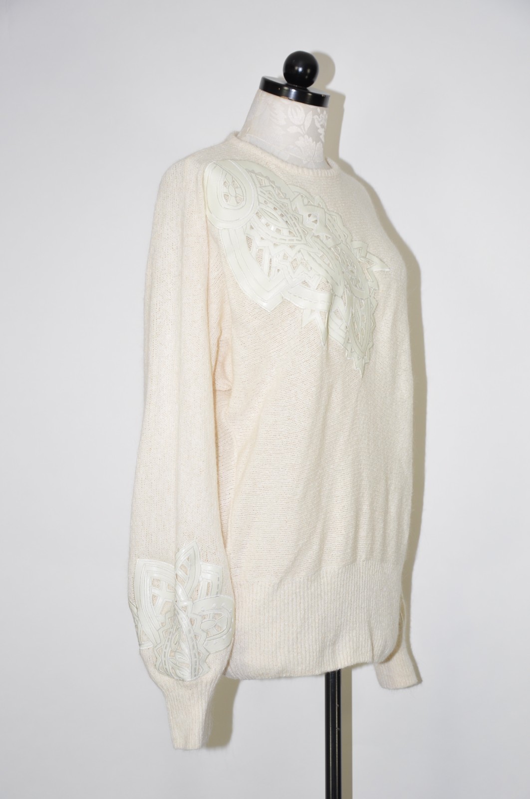 90s Vintage Off White Fuzzy Silk Angora Leather Cutout Crewneck Sweater Women XL
