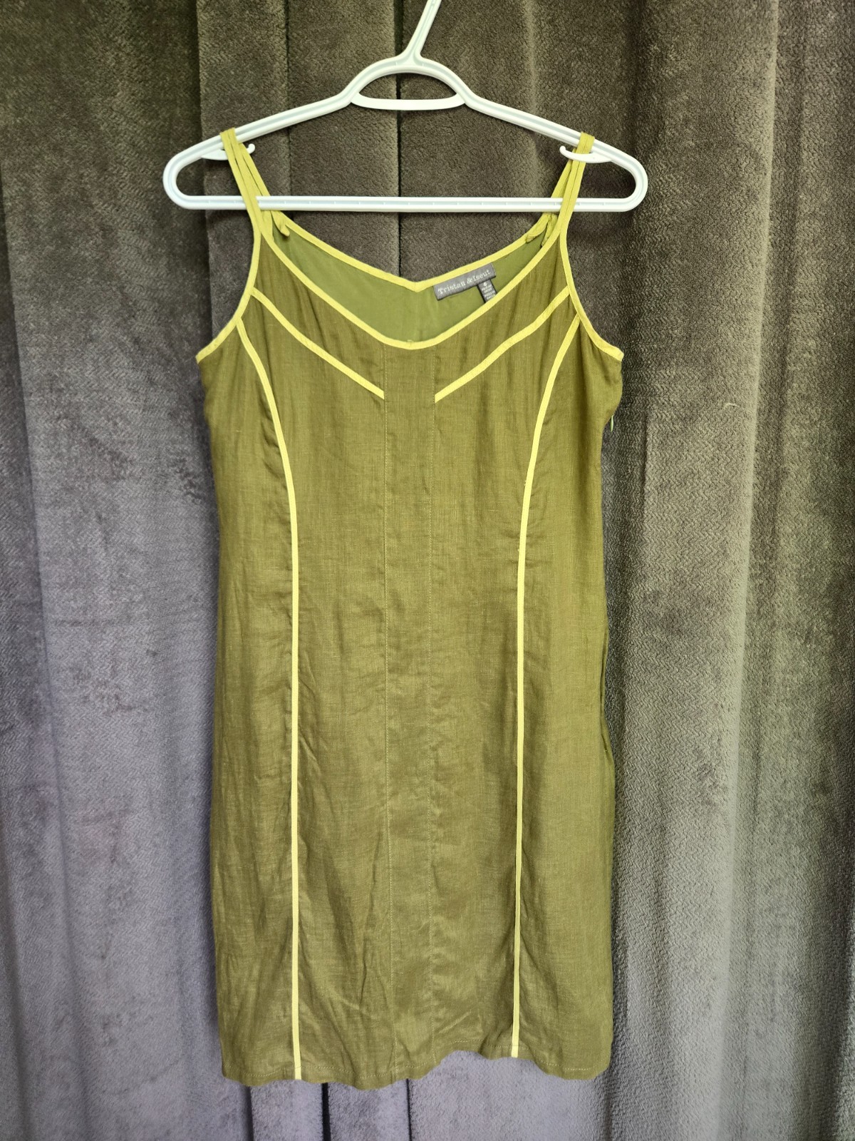 Vintage 90s Linen Blend Olive Green Mini Dress Minimalist Panel Contrast Trim