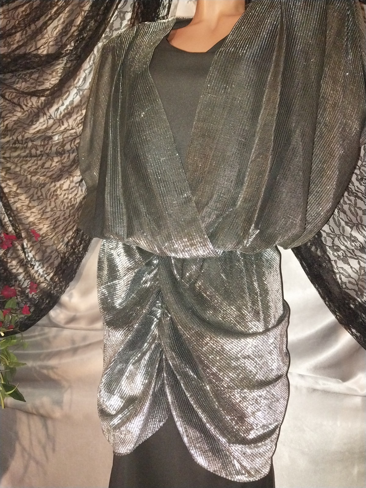 VTG SATIN SHINY METAL SILVER LAME ROUCHED STUDIO 70S 80S SHIRT DRESS BURLESQUE L