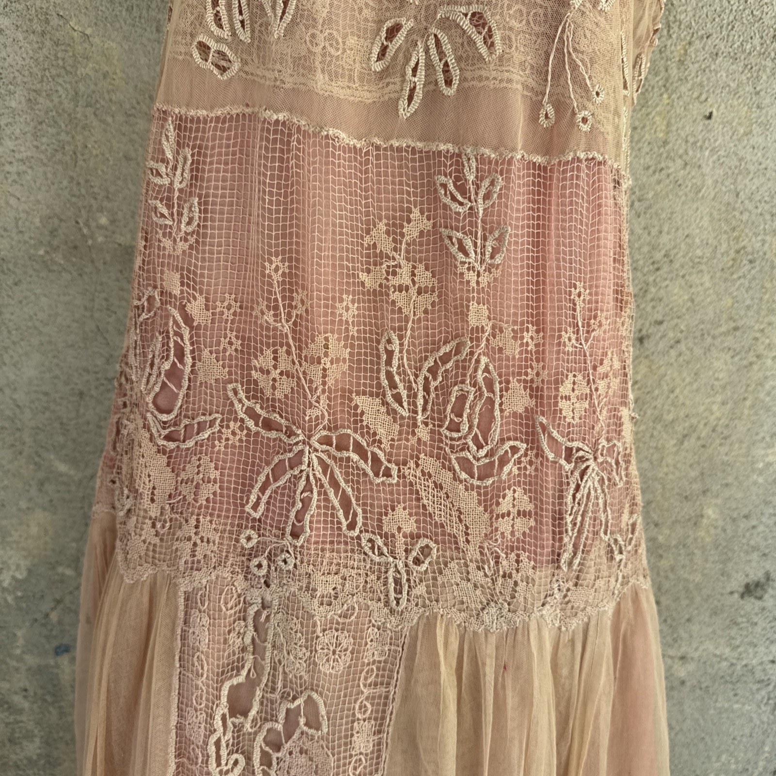Antique 1920s Cotton Candy Pink French Filet Net Lace &Silk Dress Eyelet Vintage