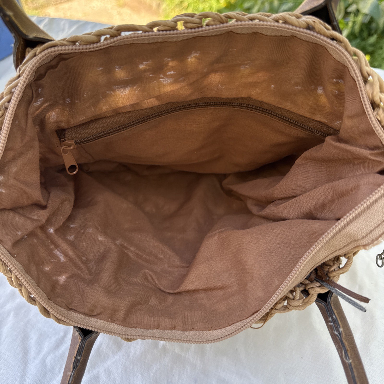 Boho Vintage Woven Bag Wooden Beads Faux Leather Handles Natural inside zipper