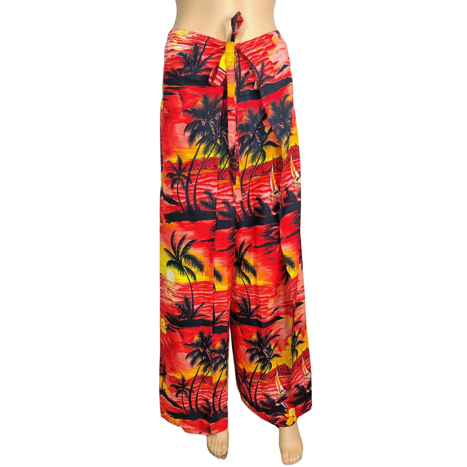 1990s Wrap Around Hawaiian Tropical Island Palm Tree Printed Pants Wide Leg OS