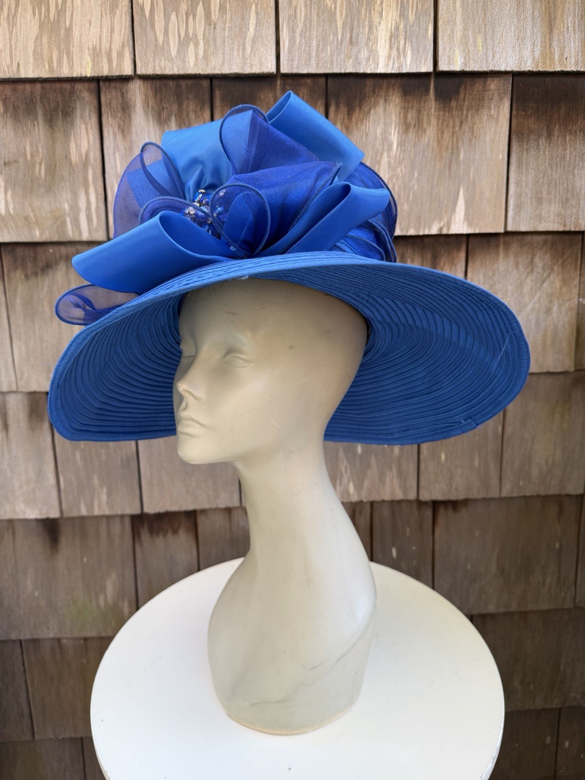 Vintage Oversized Brim Church Hat Bright Blue Sz 22.5”
