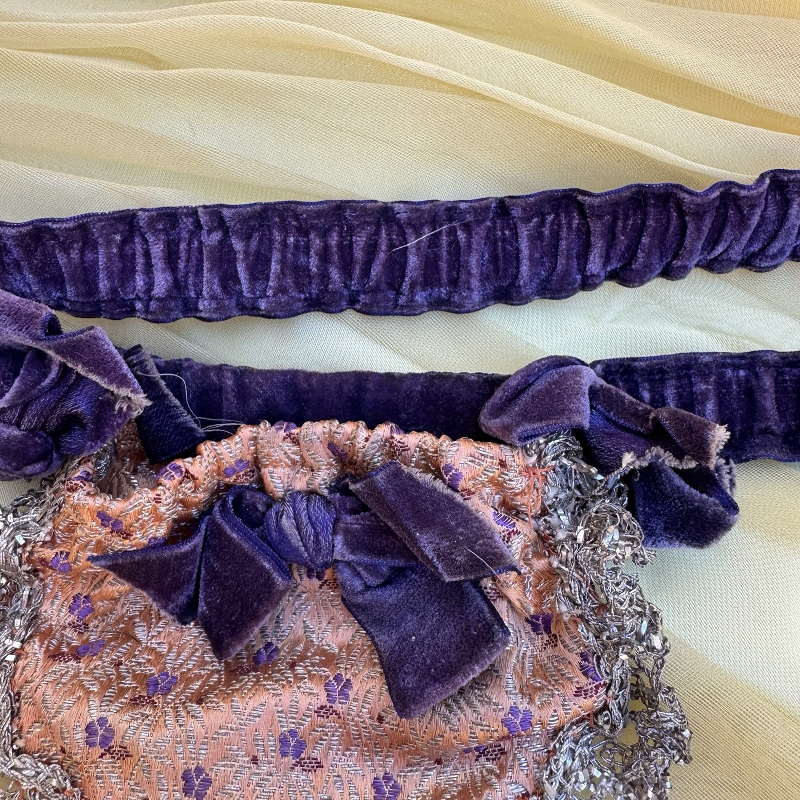 Antique 19th C Purple Lamé Garter Velvet Bow Orange Lingerie Secret Pouch VTG