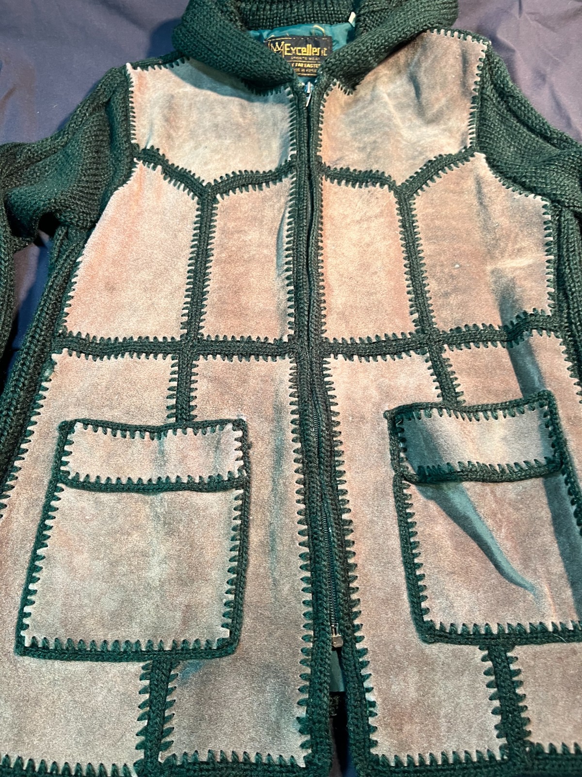1970s Excellent brand jacket features green crocheted patchwork panels & suede