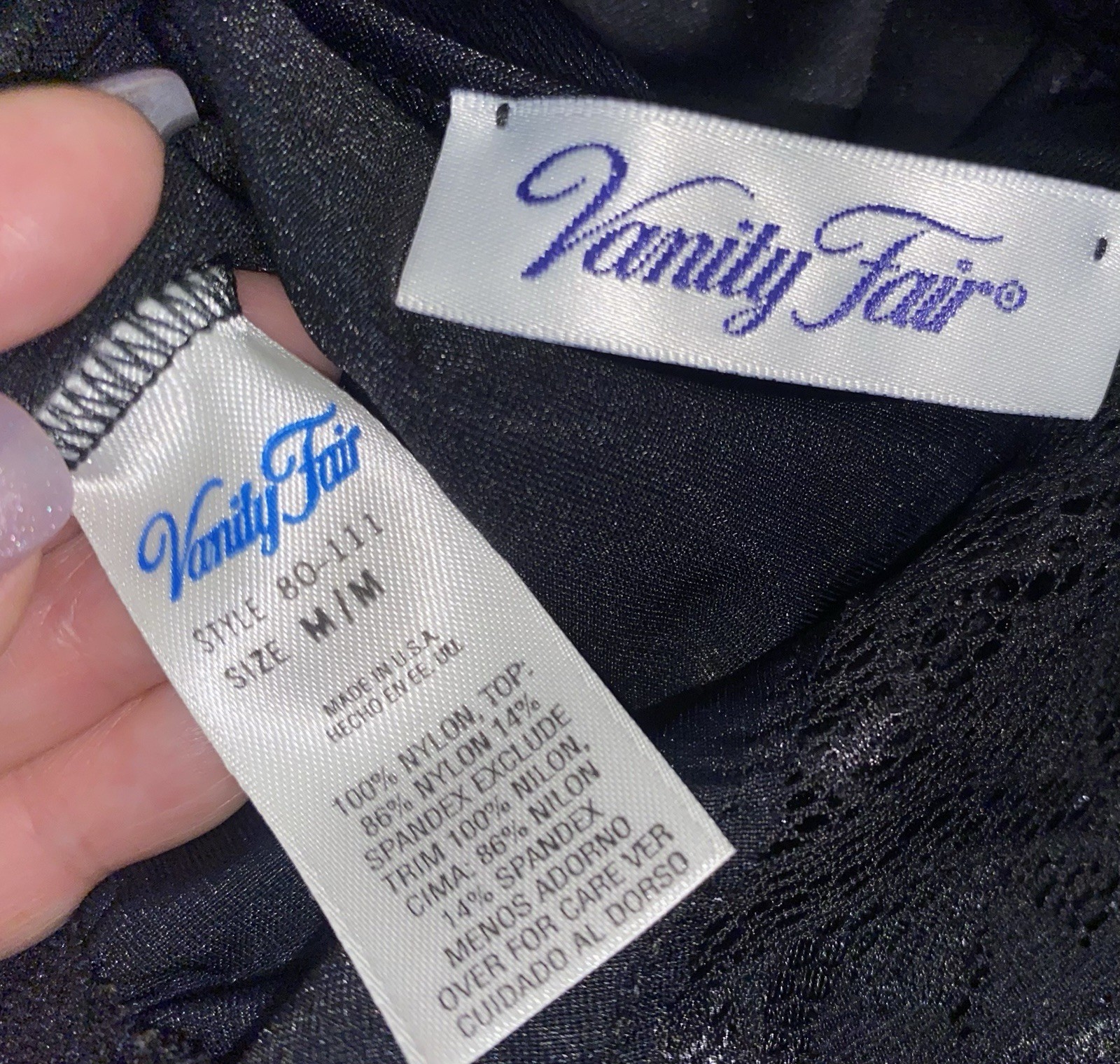 VTG M L 36 38 VANITY FAIR Black Full Nylon Nightgown Negligee w Lace olga esque