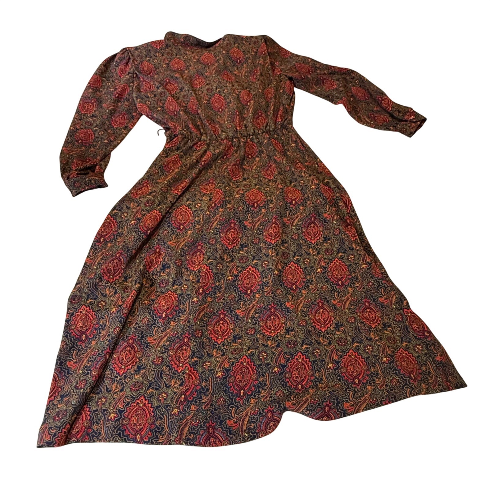 Vintage 70s Paisley Midi Dress Size 16 Made in Canada Boho Long Sleeve