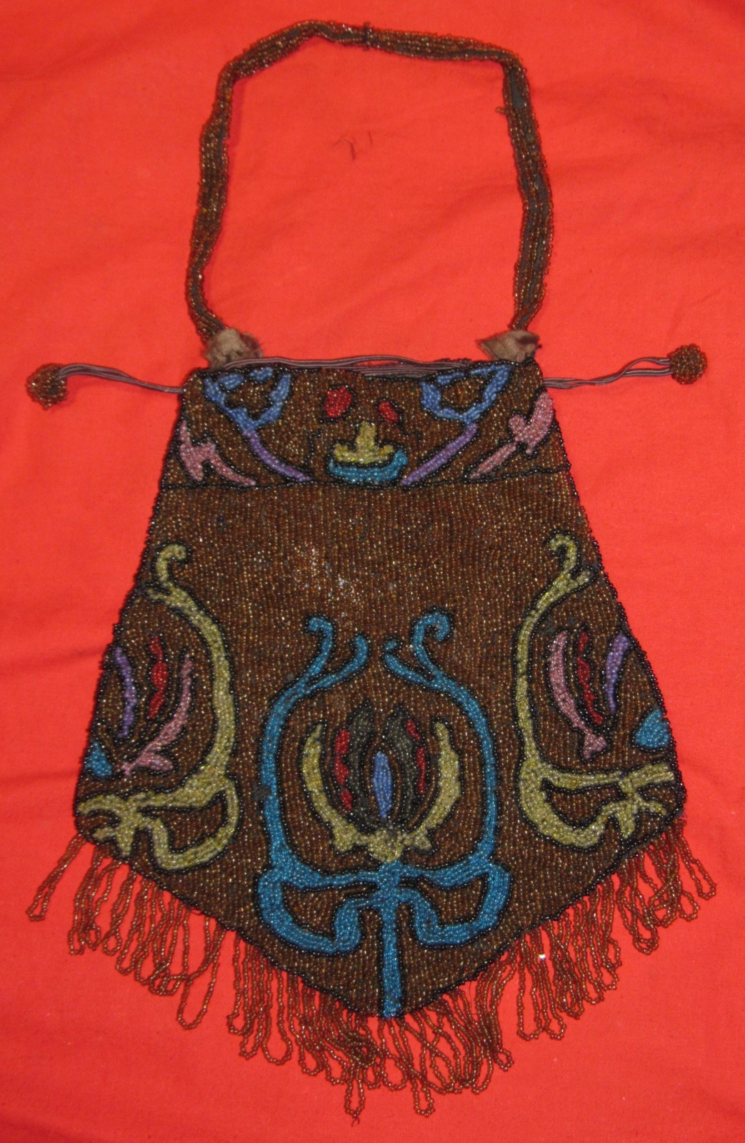 Belgium Antique Micro Beaded Drawstring Purse Clutch 8×10″ FLAPPER VICTORIAN Era