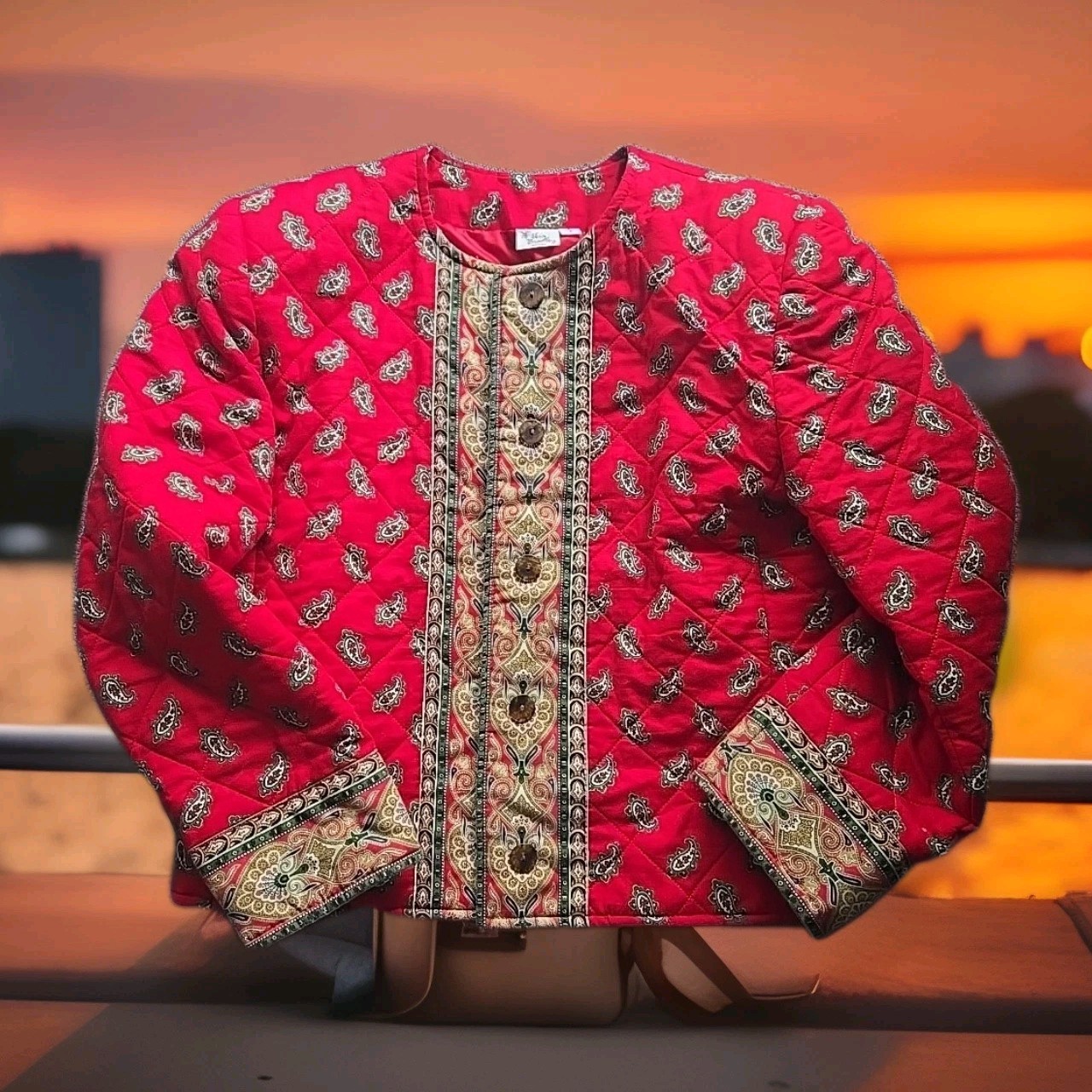 Vtg 1991 Vera Bradley Suit Jacket USA 100% Cotton Shoulder Pads Cherry Red SM