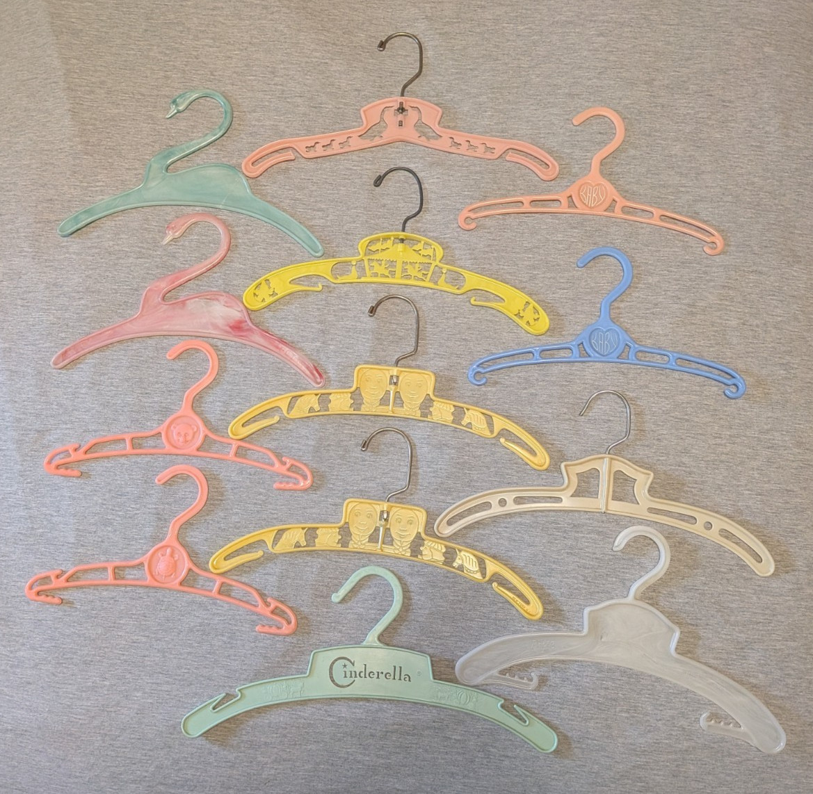 13 Vintage Plastic Baby Kids Hangers Swans Humpty Dumpty Circus Ducks Cinderella