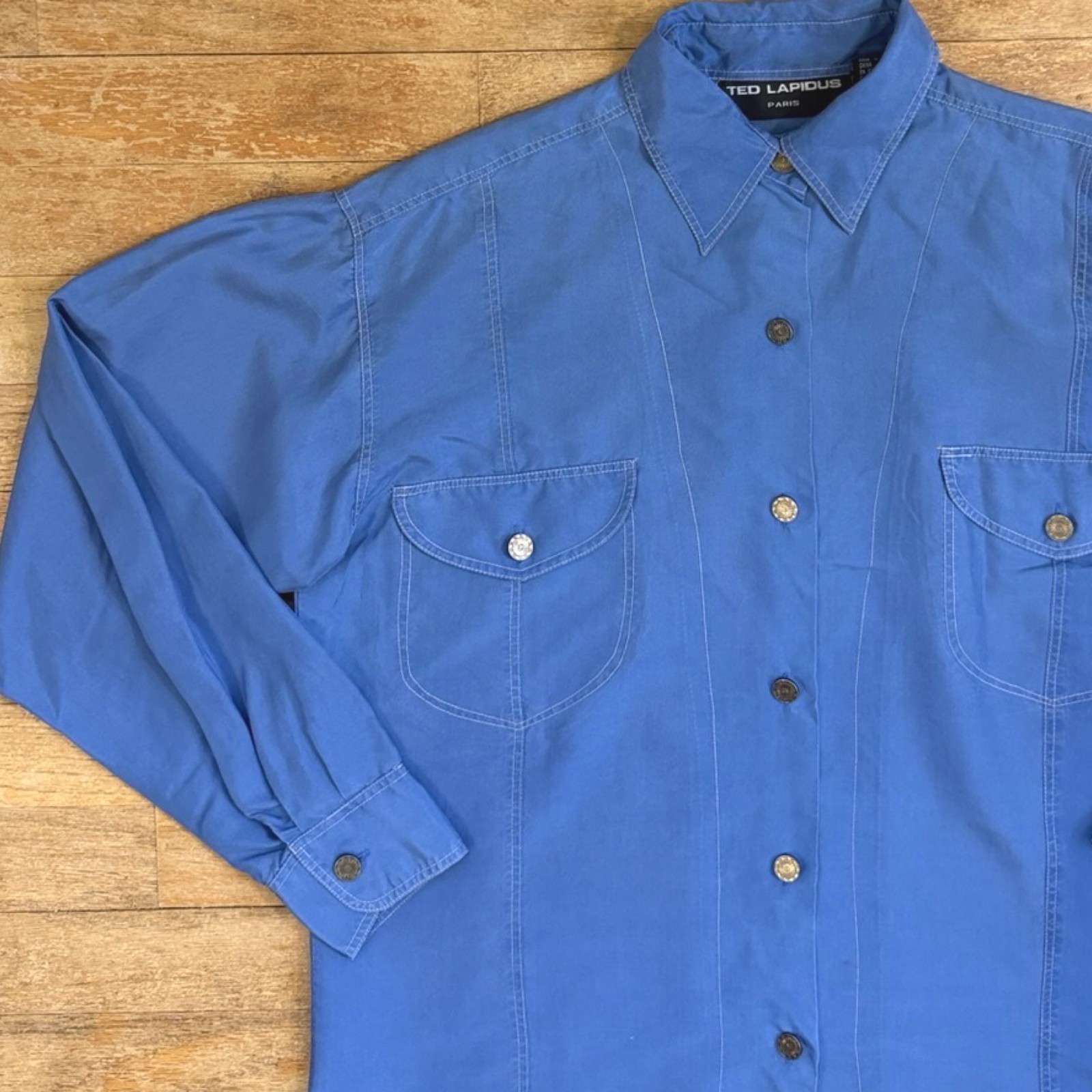 Vintage Blue Silk Oversize Blouse Size Small/Medium 90s Collared Button Up Top