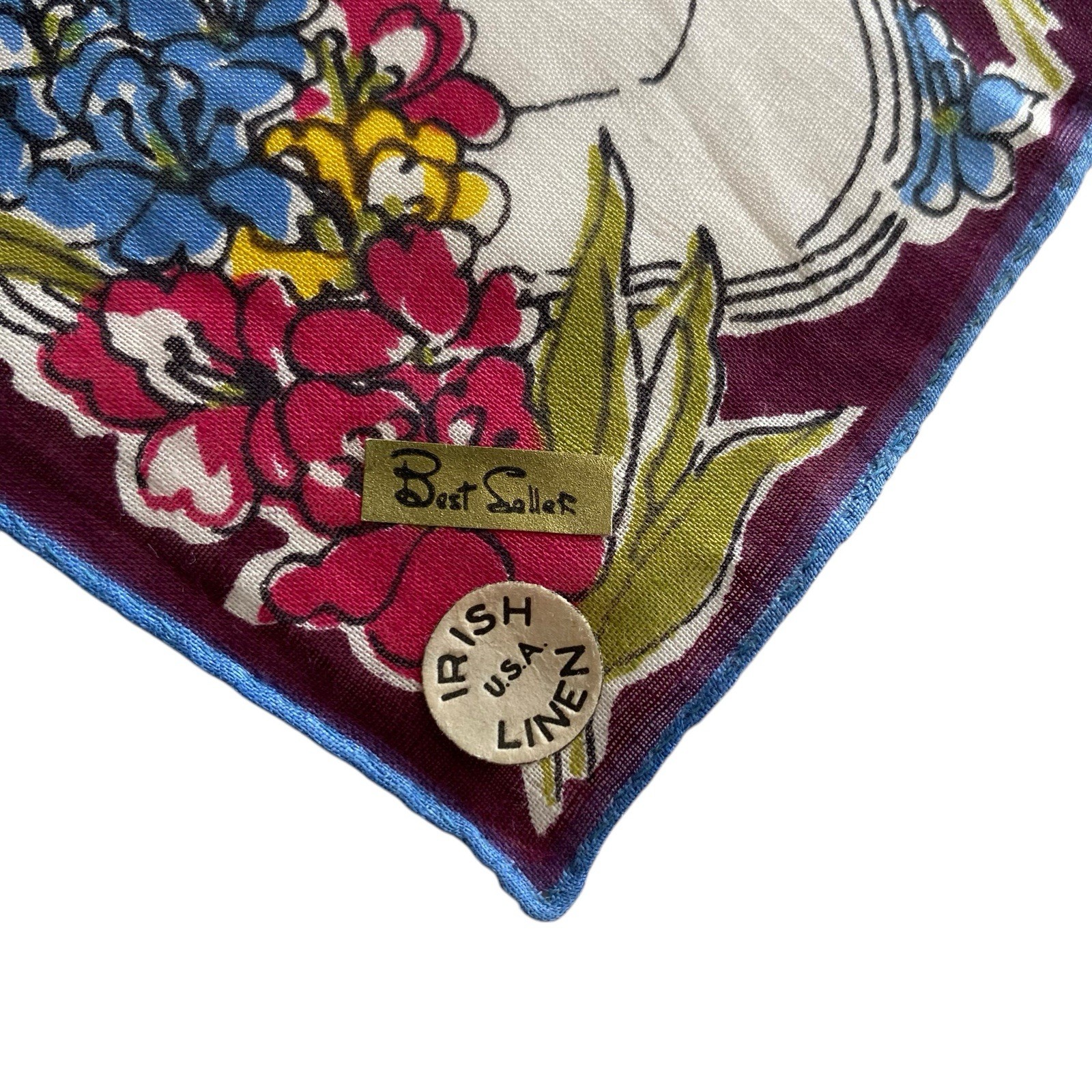 Vintage Best Seller Hanky Handkerchief Flowers Floral Purple Yellow Red Label