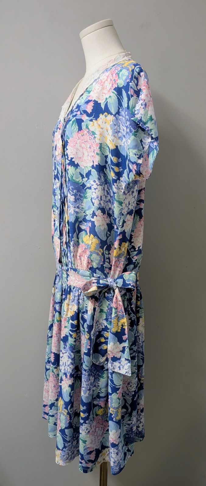 Vintage 80’s Rene Derhy Paris Floral Drop Waist Tie Dress Pintucks M