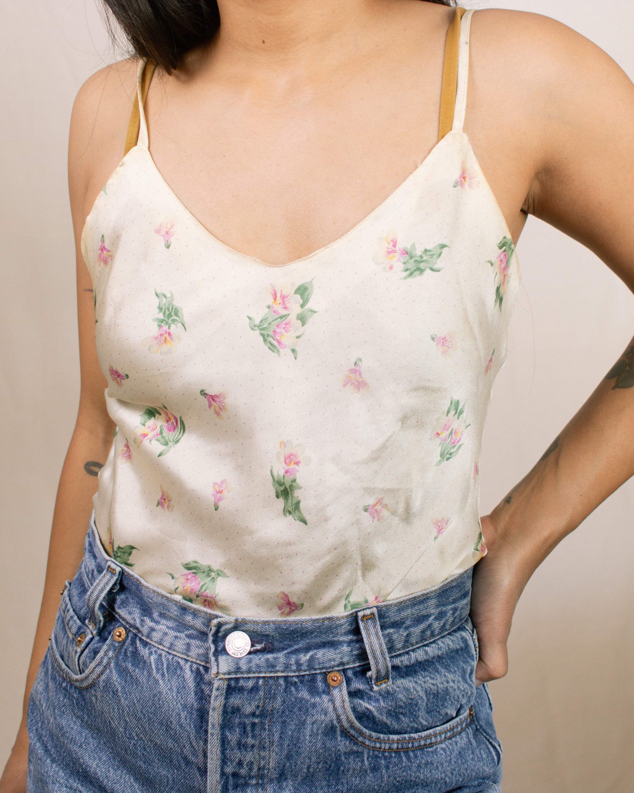 Vintage 70s Joseph Magnin Cream/Yellow Silk Floral Tank Top | Size XS-S