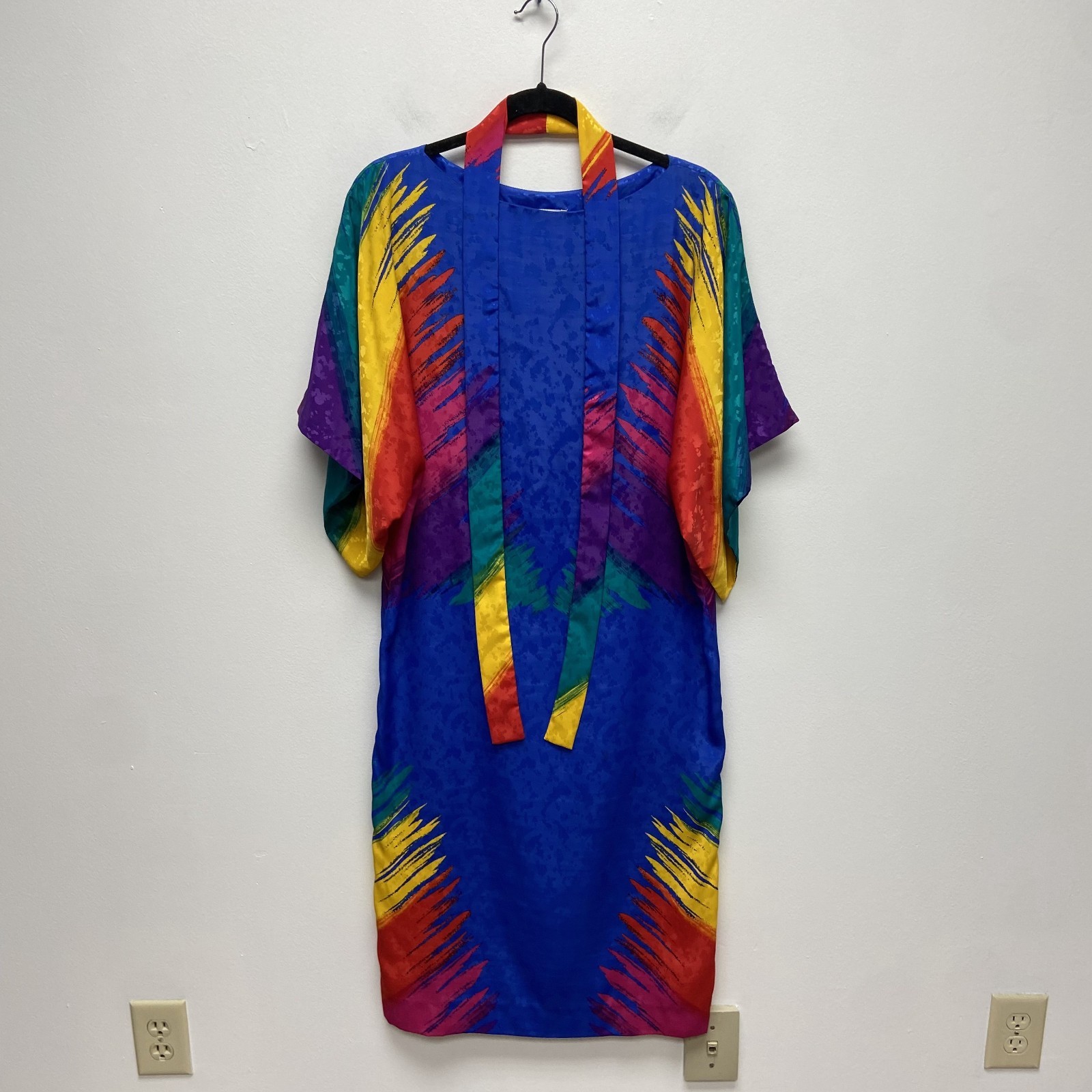 Vintage 80s La Chemise Kimono Midi Dress Sash Belted Kaftan Blue USA Silk M/L