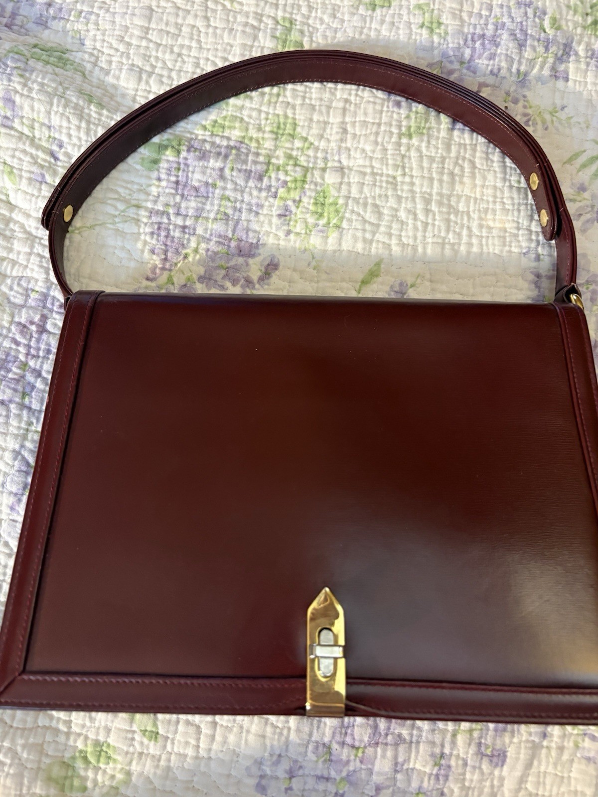 Vintage 1970s Launer London Box Leather Handbag Burgundy Color Unused Small Flaw