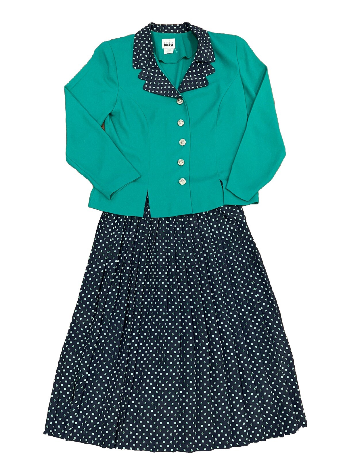 VTG Leslie Fay Skirt Set Green Navy Pleated Blazer Skirt Cottagecore Grandma 12